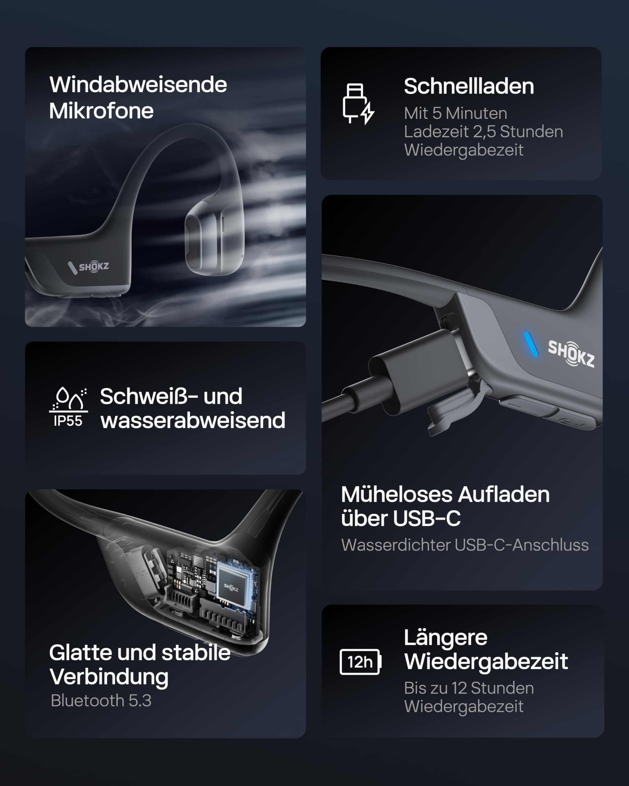 Produktmerkmale von Shokz Kopfhörern wie Schnellladen, Bluetooth 5.3 und Wasserbeständigkeit.