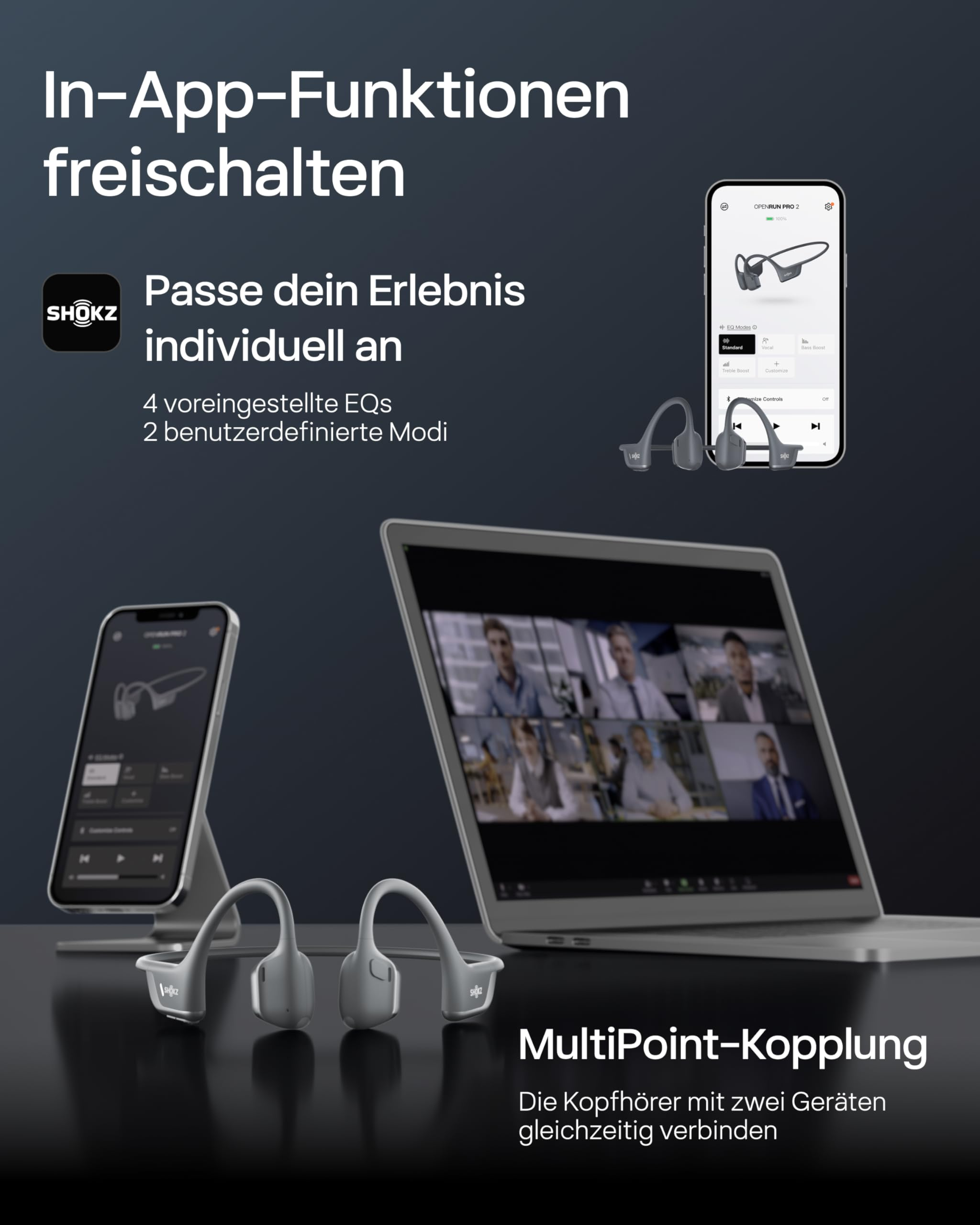 Shokz-Kopfhörer, Laptop und Smartphone mit App zeigen Multipoint-Kopplung.