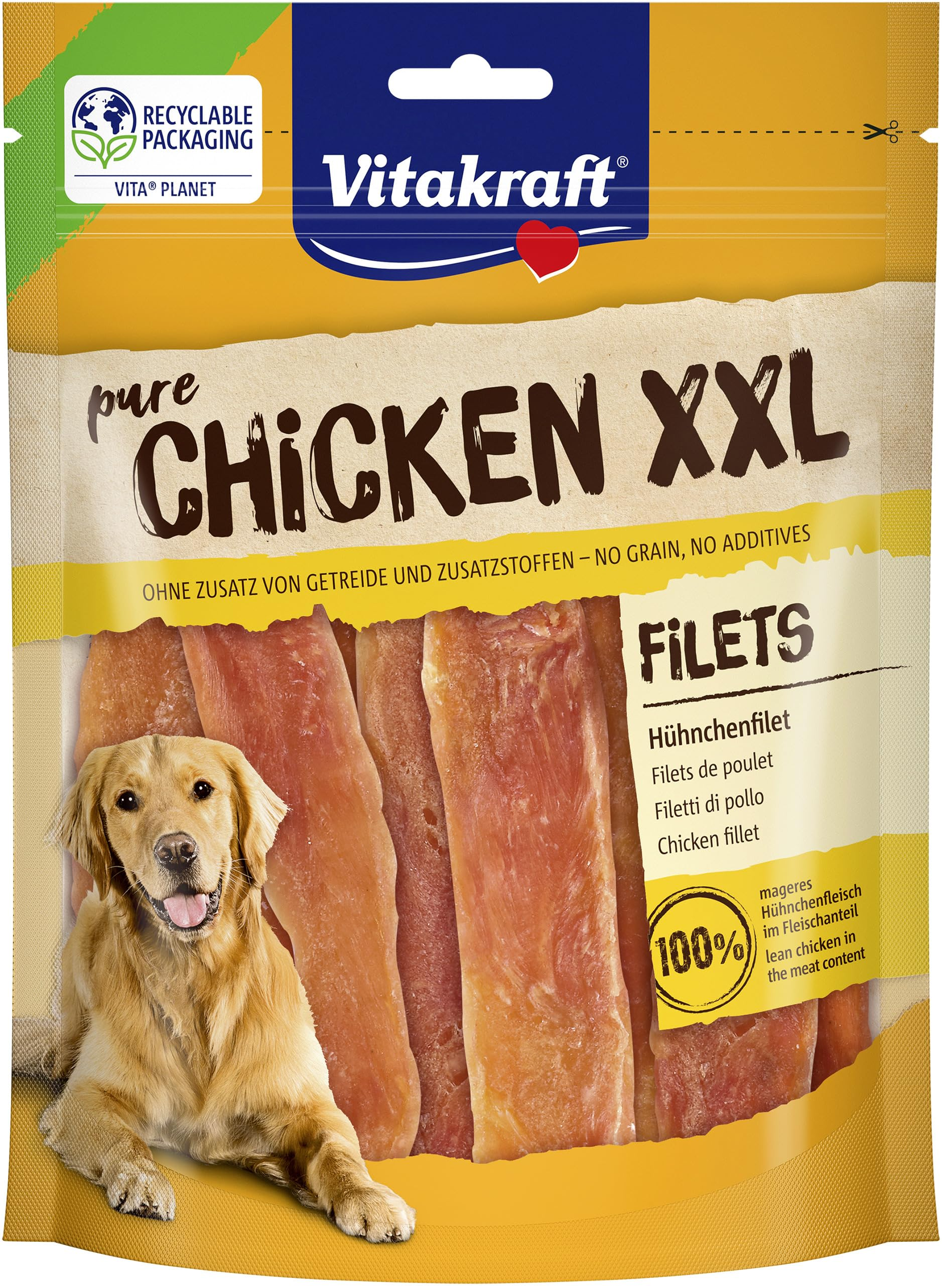 Vitakraft Chicken XXL Hundefutterverpackung mit goldenem Retriever und Hähnchenfilets.