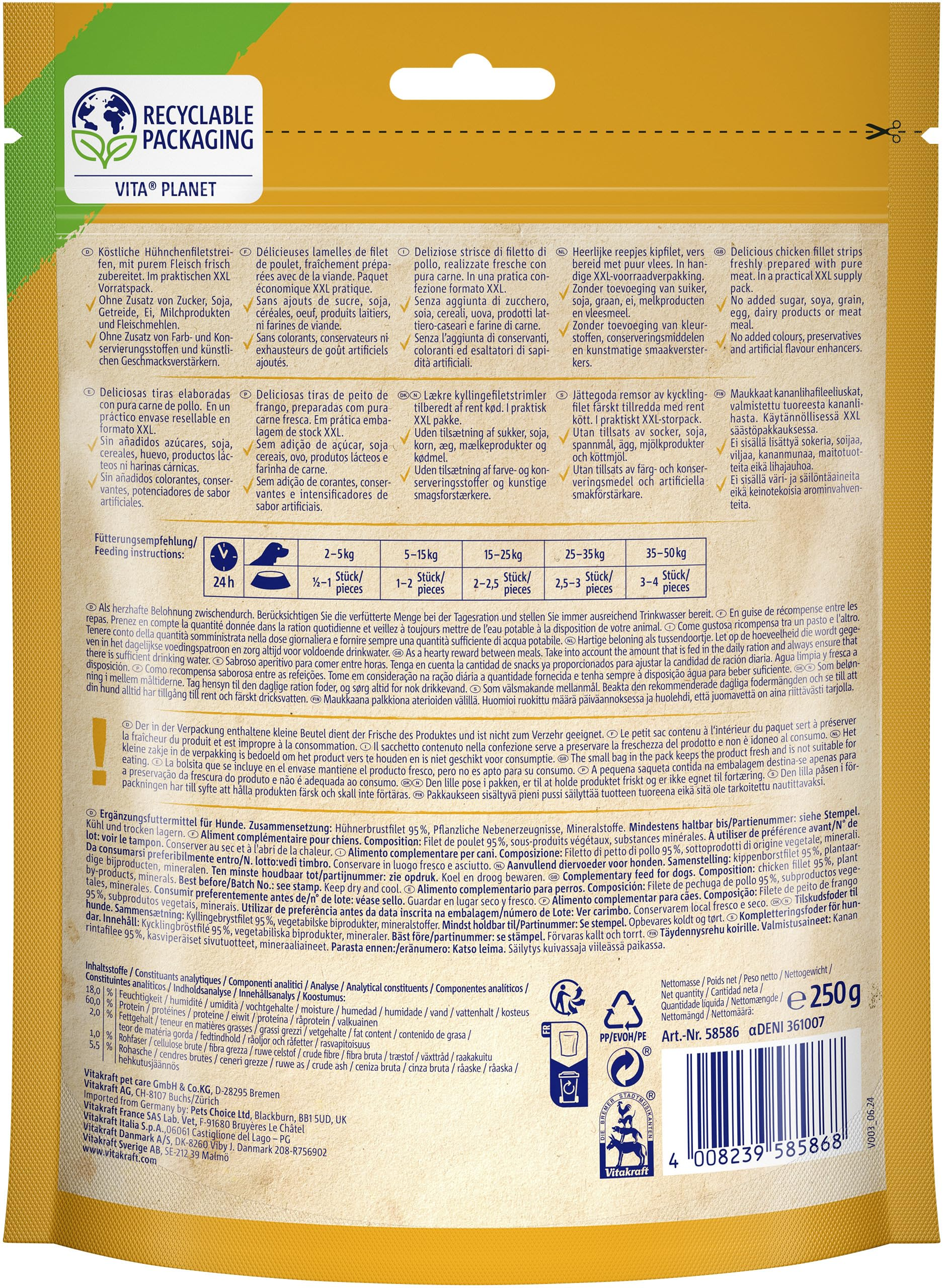 Rückseite einer gelben Hunde-Leckerliverpackung mit Text, Fütterungstabelle, Inhaltsstoffen und Barcode.