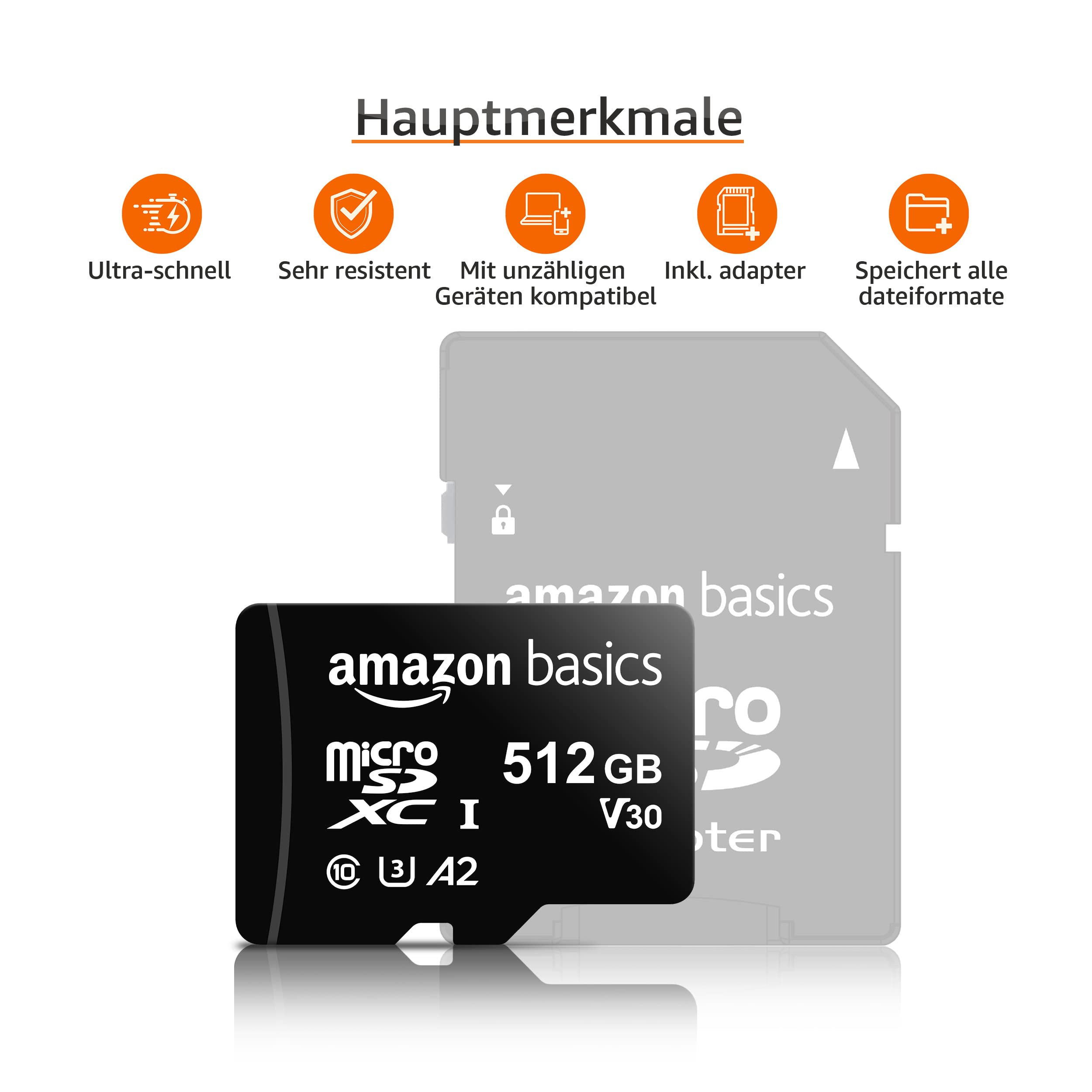 Carte MicroSD Amazon Basics 512 Go avec adaptateur et icônes de fonctionnalités.
