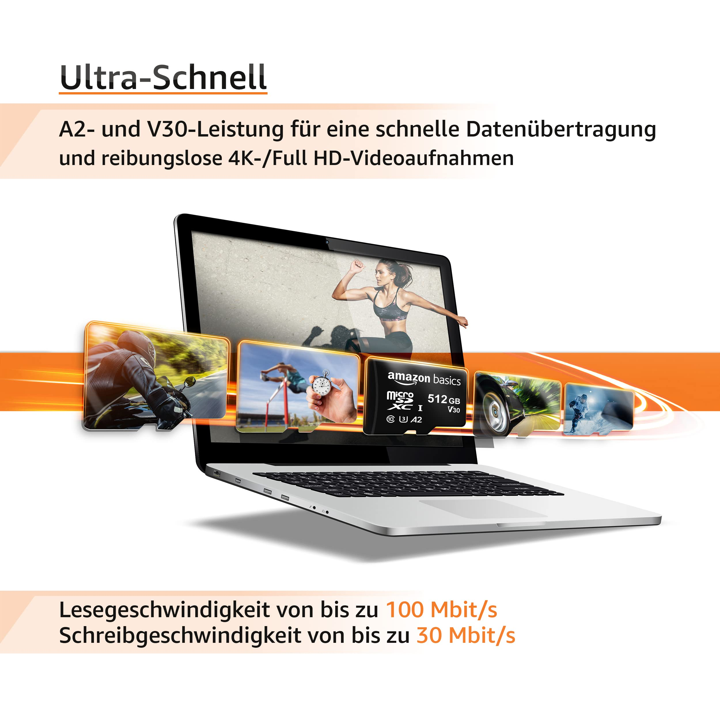 Ordinateur portable avec une carte MicroSD Amazon Basics, entouré d'images d'action et de texte allemand.