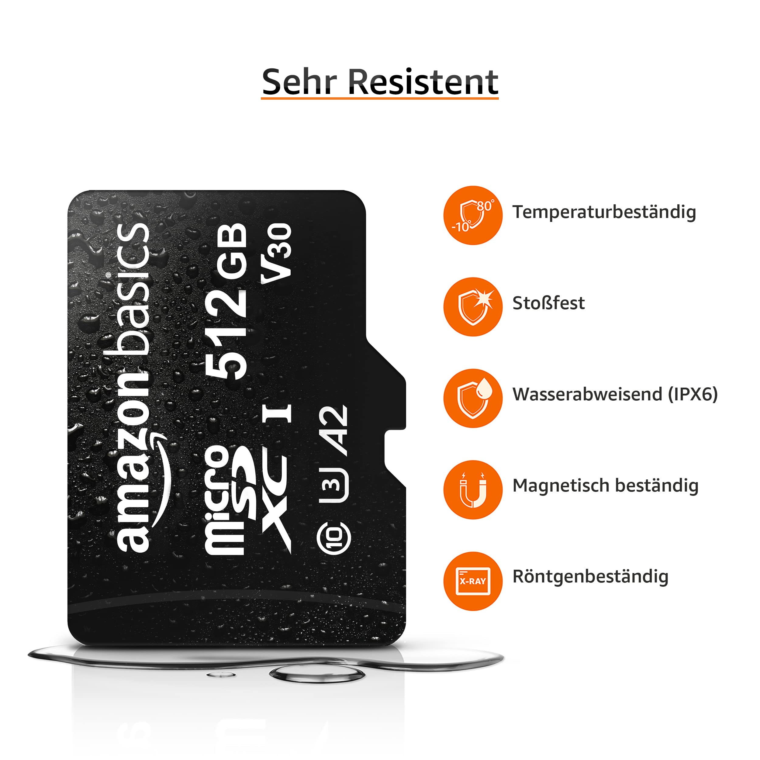 Carte MicroSD Amazon Basics 512 Go étanche avec icônes de résistance.
