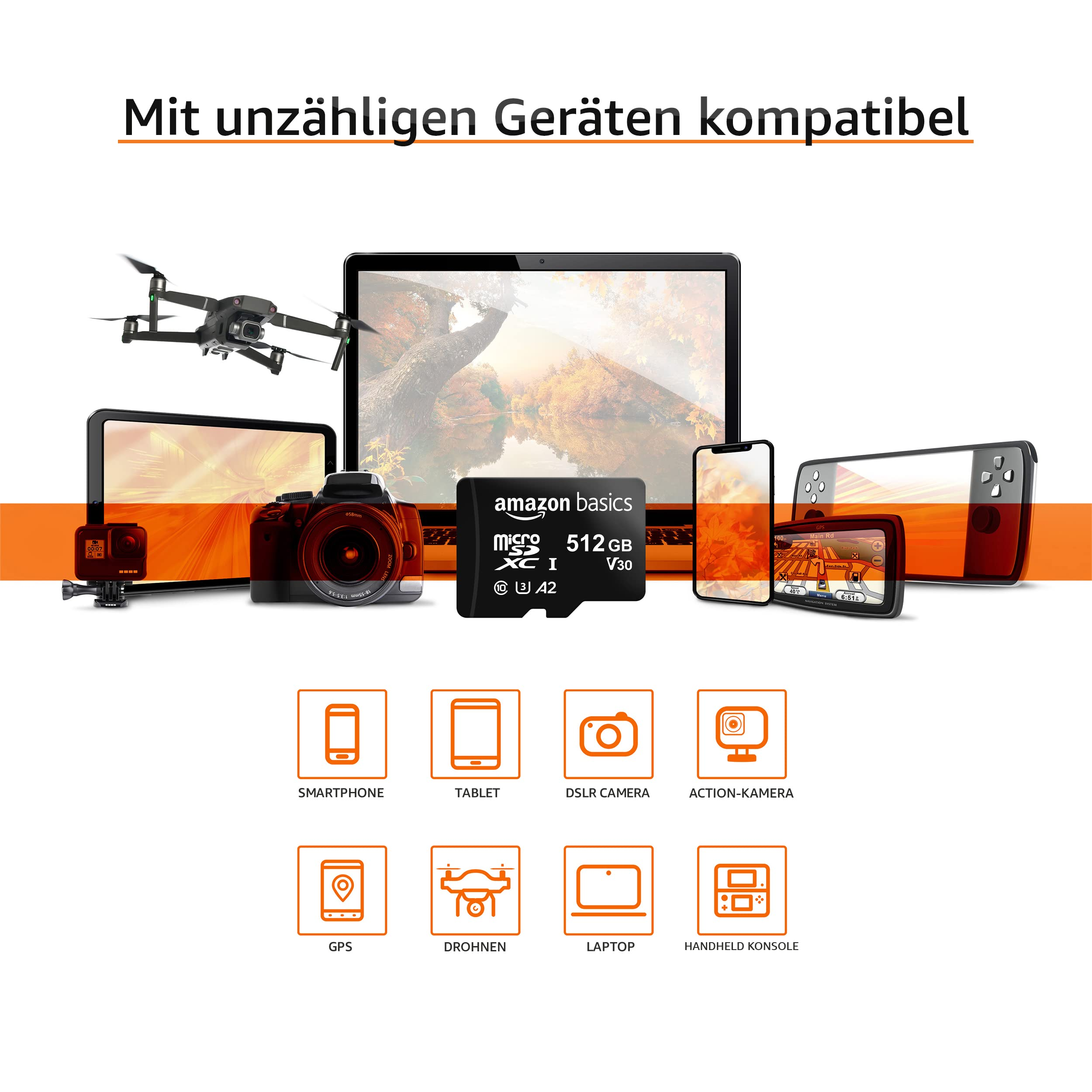 Une carte micro SD Amazon Basics 512 Go entourée d'appareils compatibles comme un ordinateur portable et un drone.