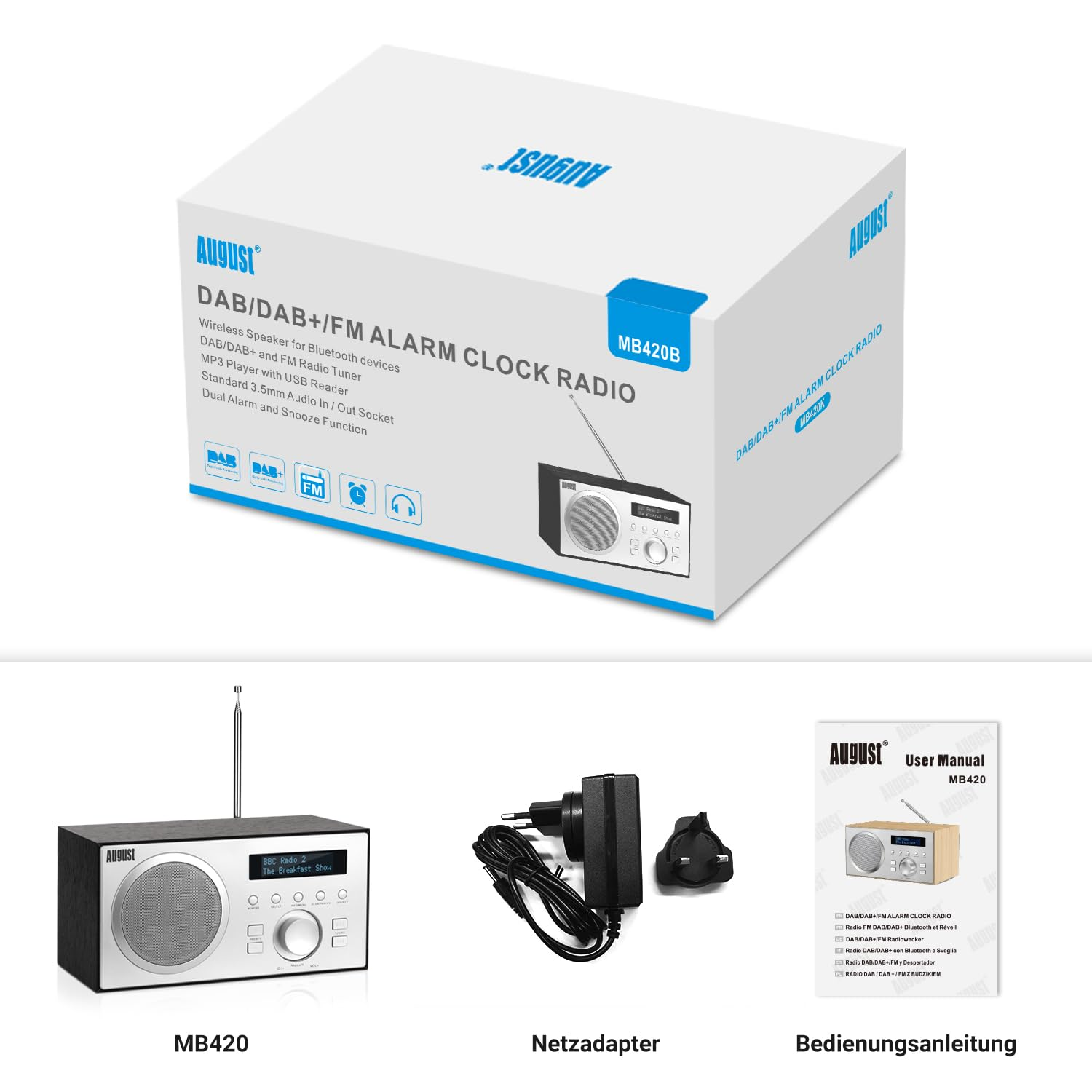 Radio sveglia August MB420 DAB/FM in scatola con adattatore e manuale.