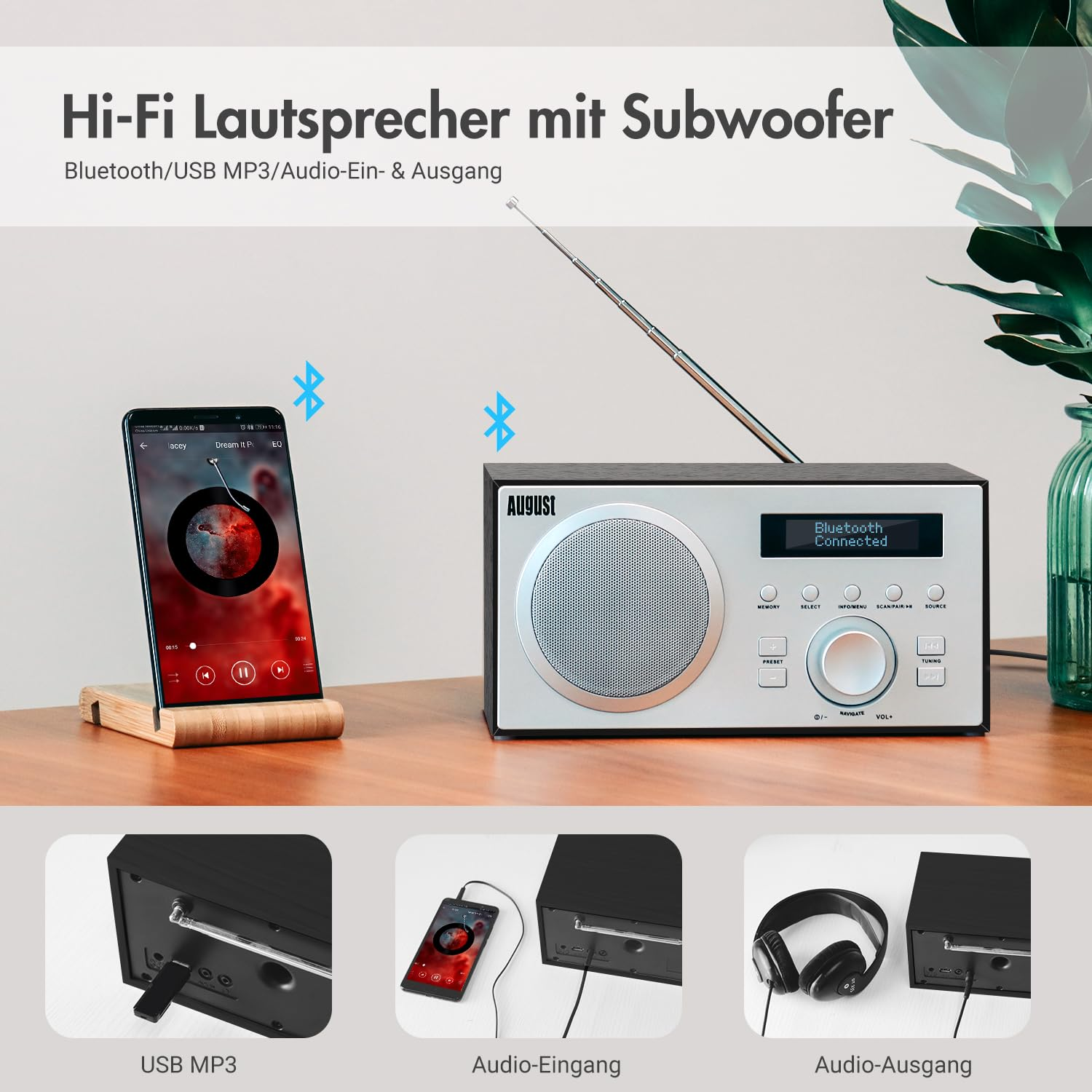Altoparlante Hi-Fi con Bluetooth, USB, radio e ingresso/uscita audio.