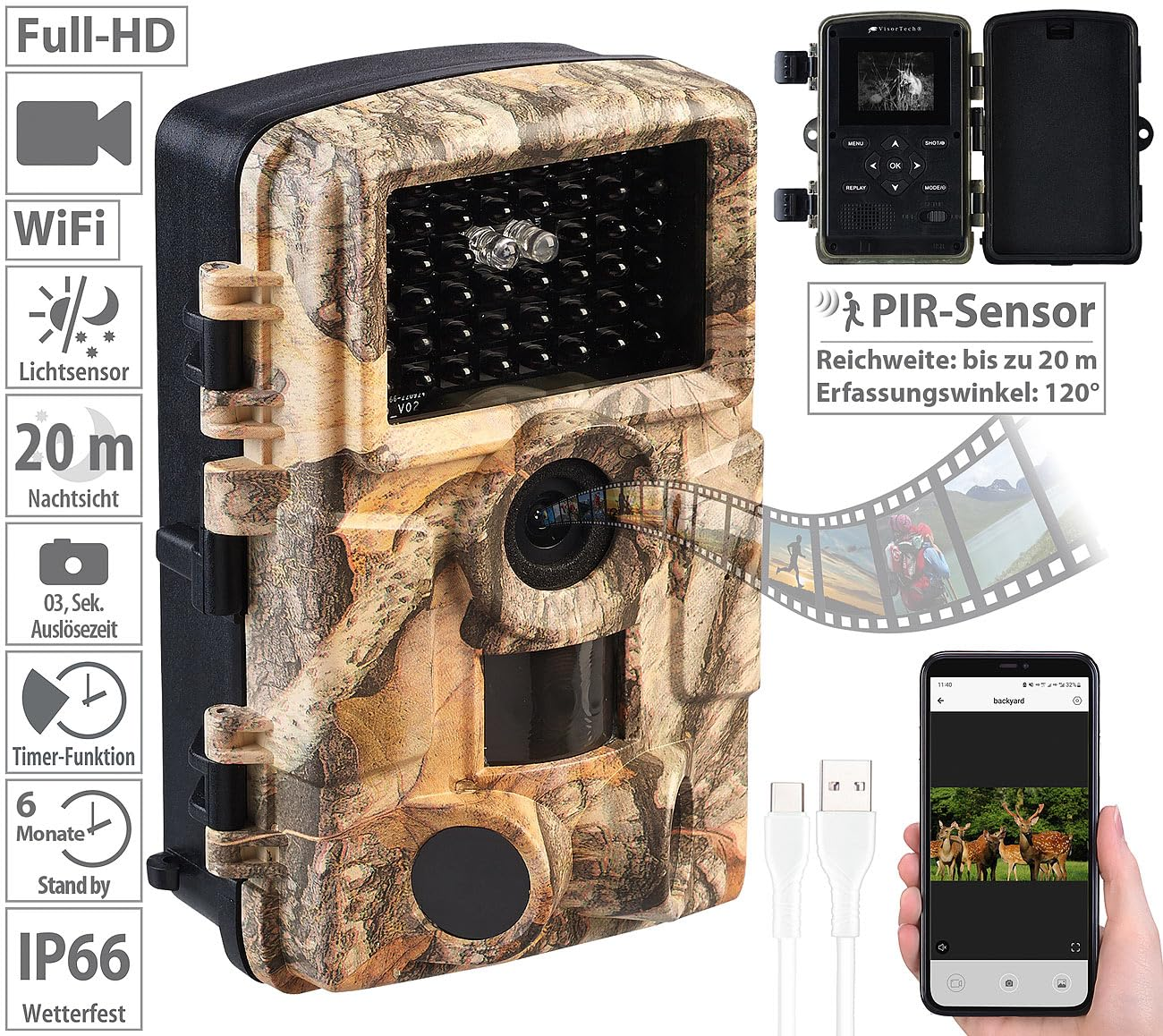 Tarnfarbene Wildkamera mit Infrarot-LEDs, PIR-Sensor, Smartphone-App-Steuerung und Zubehör.