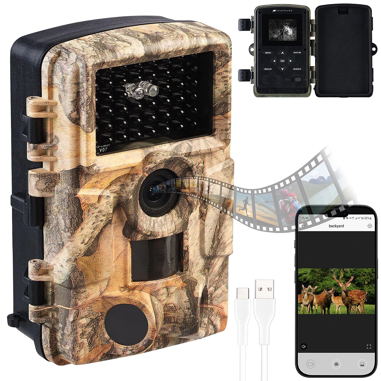 Tarnfarbene Wildkamera mit offener Ansicht, Smartphone, USB-Kabel und Filmstreifen, der Fotos anzeigt.