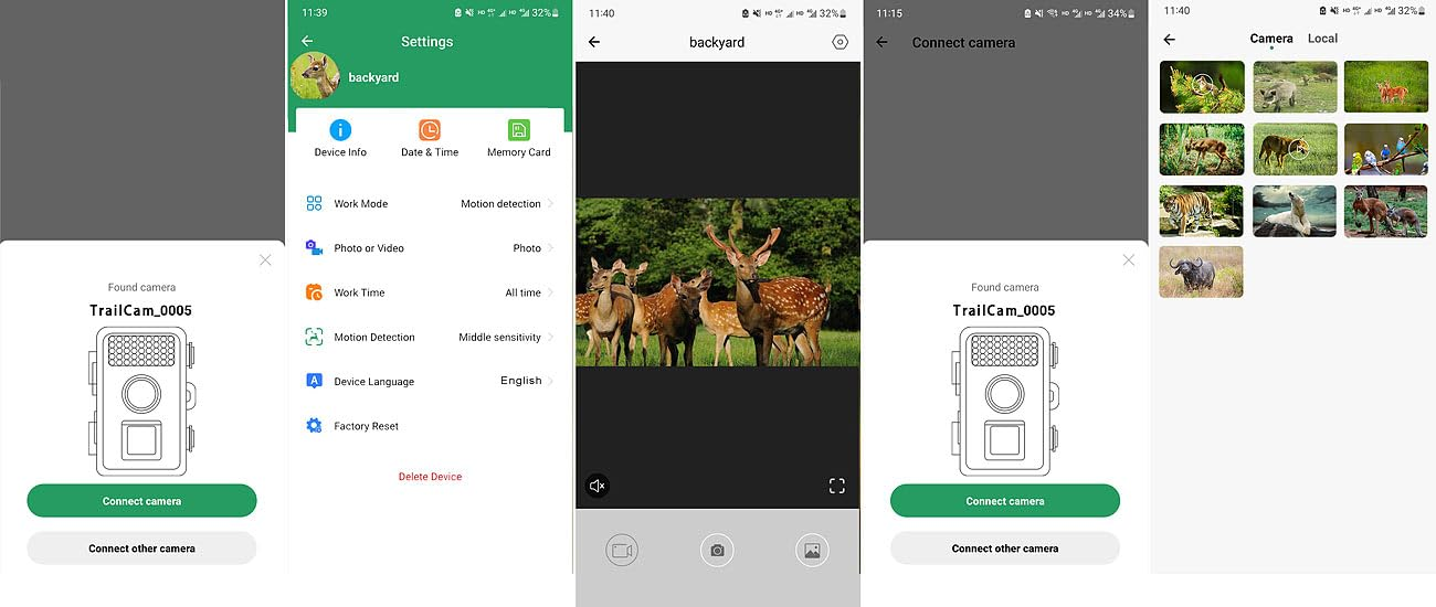 Vier Screenshots einer App zeigen Wildkamera-Einstellungen, Live-Feed mit Rehen und Geräteoptionen.
