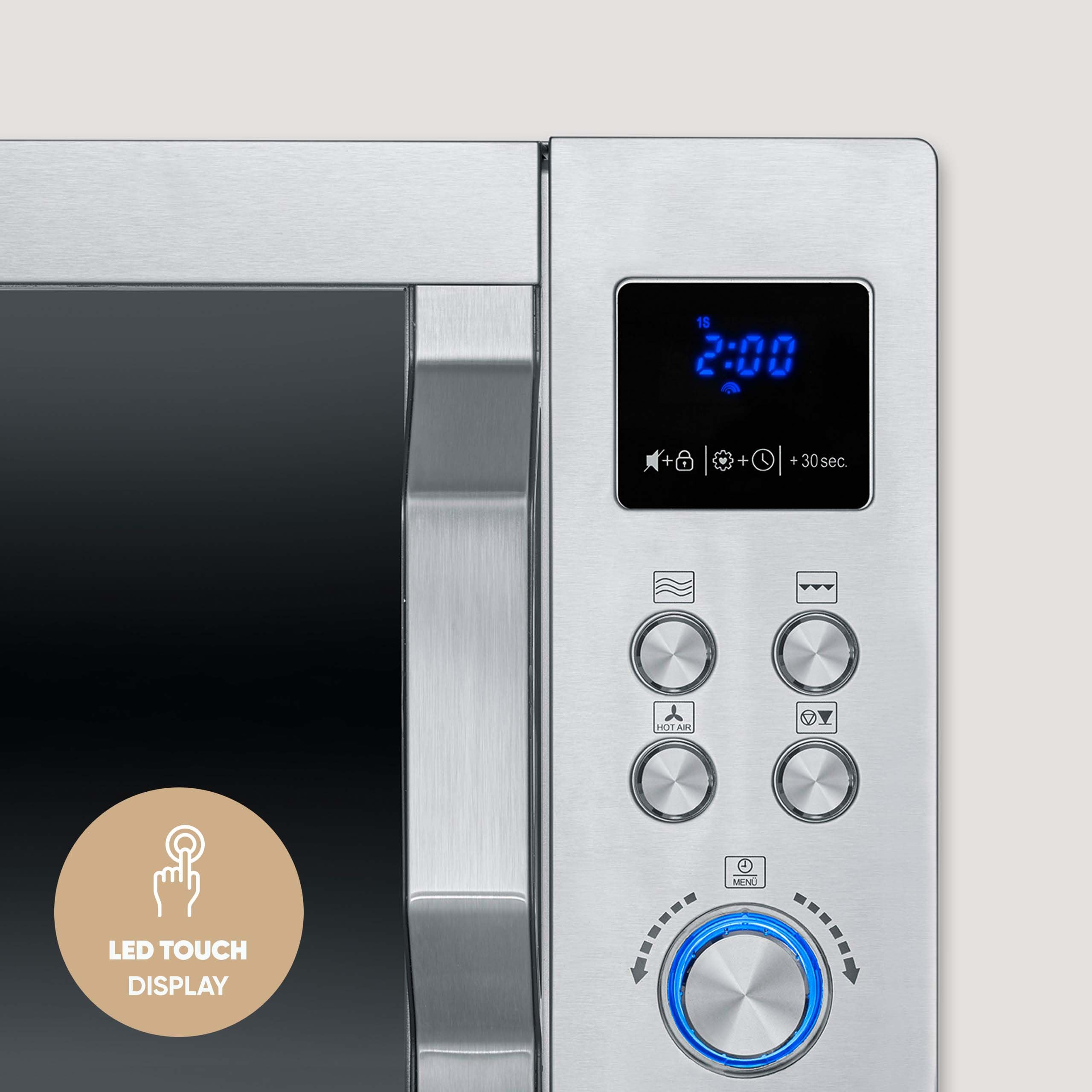 Microonde in acciaio inossidabile con display touch a LED blu, pulsanti rotondi e grande manopola.