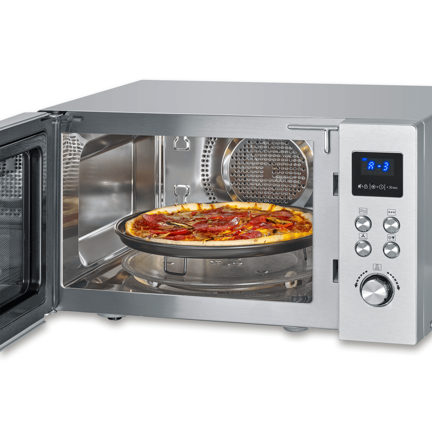 Microonde in acciaio inossidabile con porta aperta e una pizza all'interno.