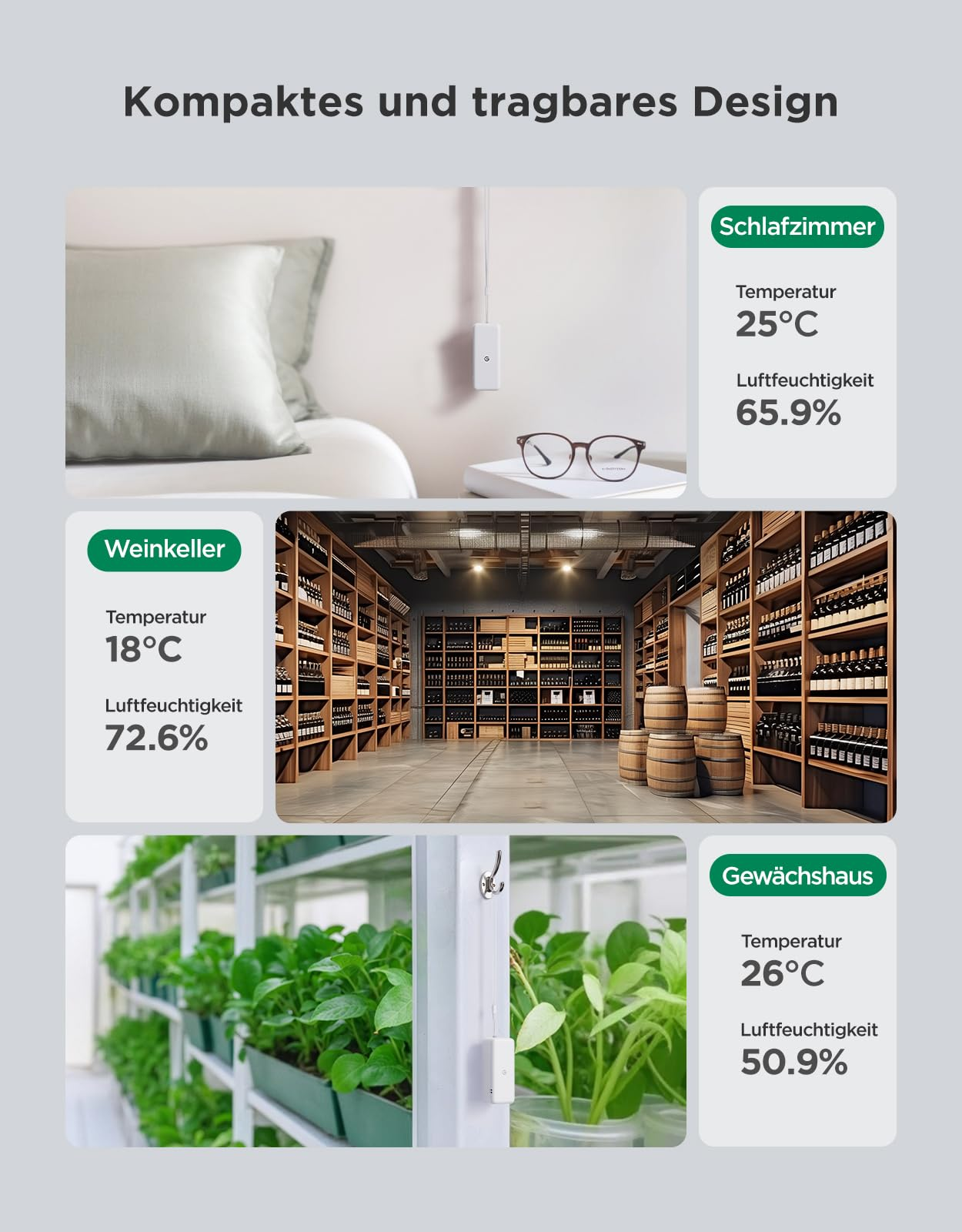 Diverses scènes montrant des affichages de température et d'humidité pour une chambre, une cave et une serre.
