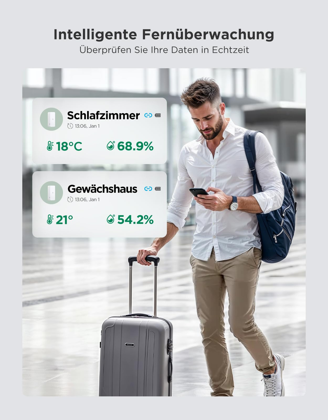 Un homme avec une valise et un smartphone utilise une application de surveillance de température.