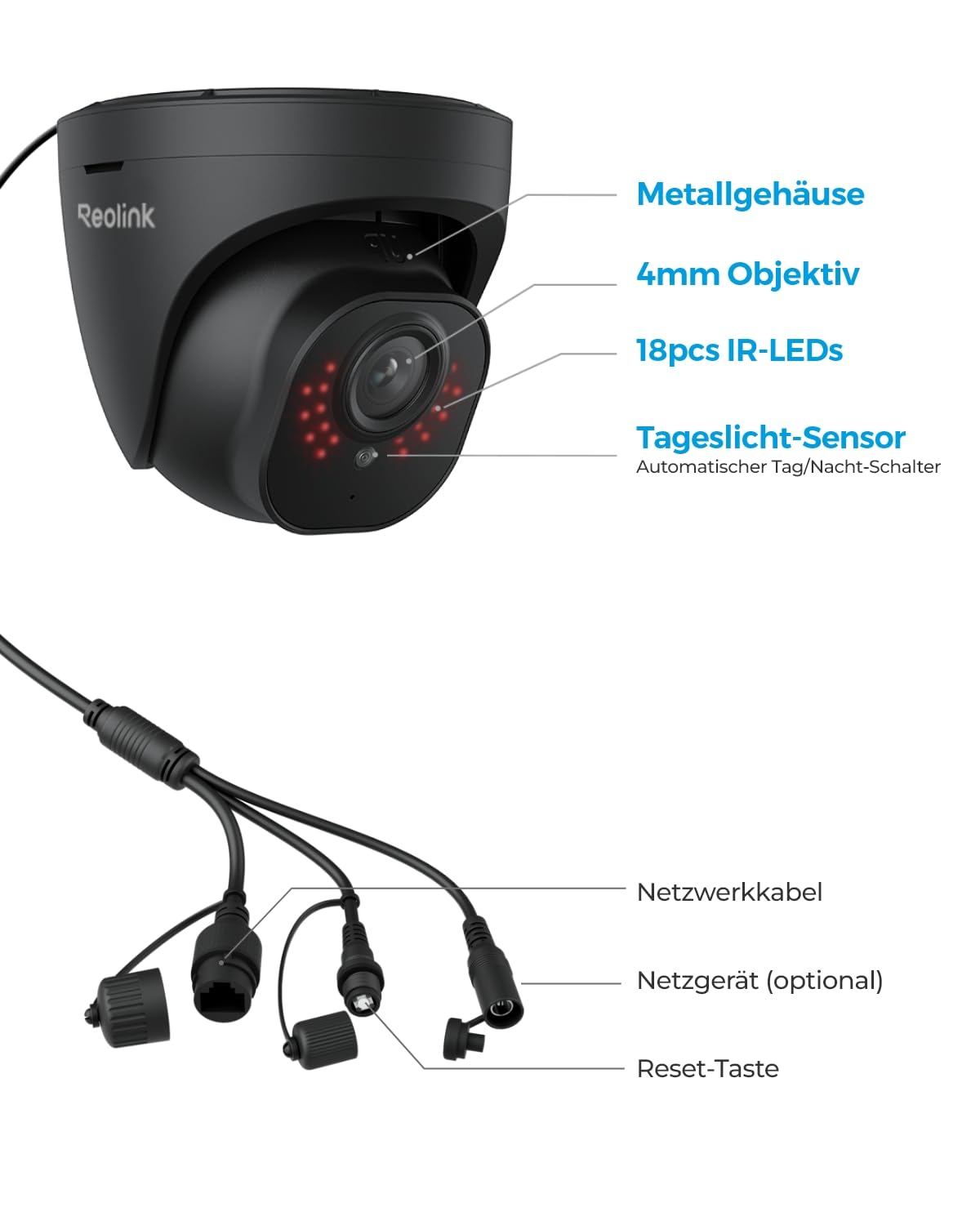 Schema di una telecamera di sicurezza Reolink nera con etichette per obiettivo, LED a infrarossi e porte.
