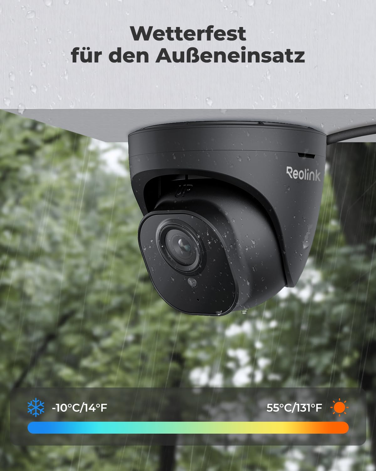 Telecamera di sicurezza nera resistente alle intemperie a soffitto con gocce e temperatura.