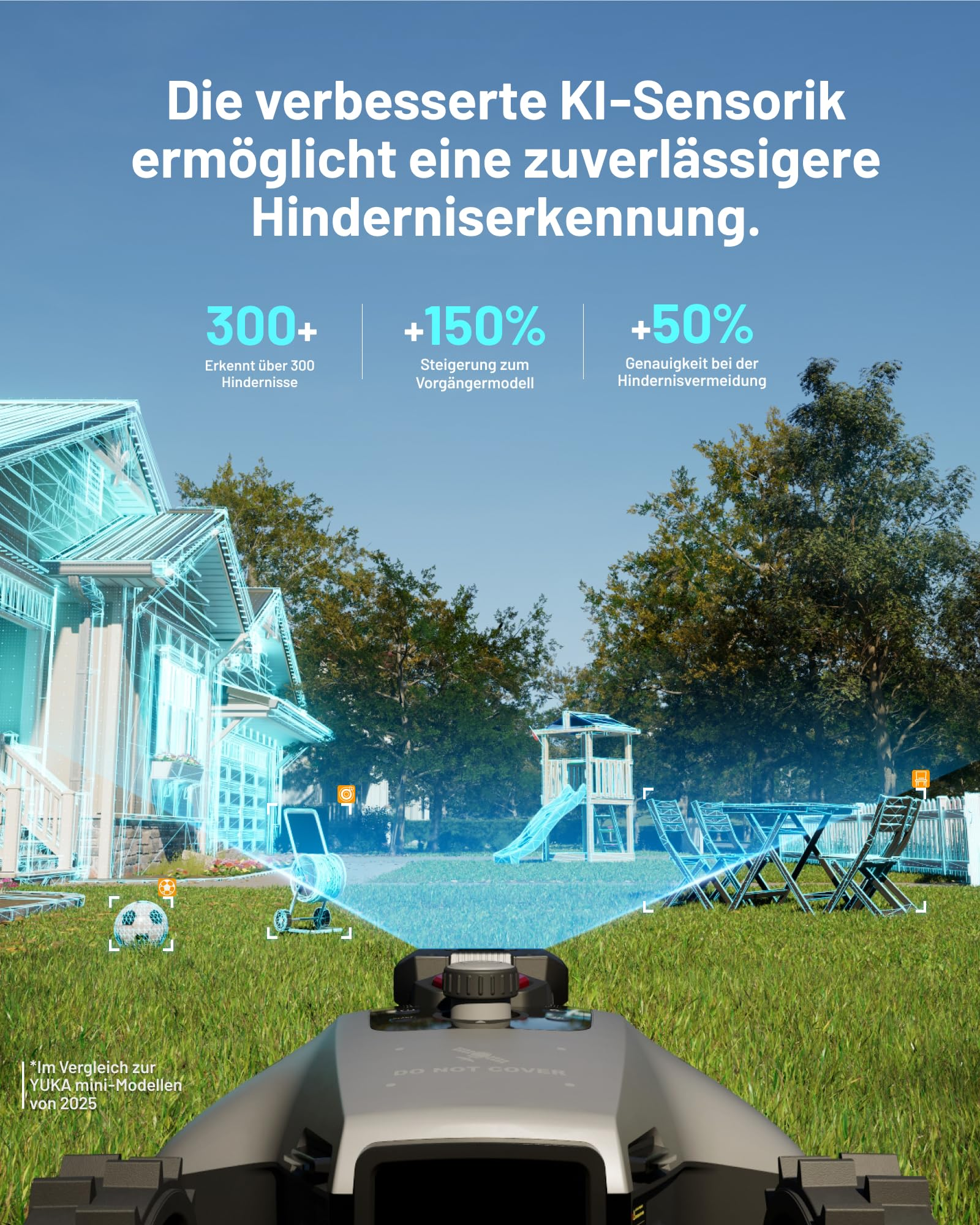 Vue de robot d'un jardin avec détection d'obstacles par IA, maison et mobilier en filaire.