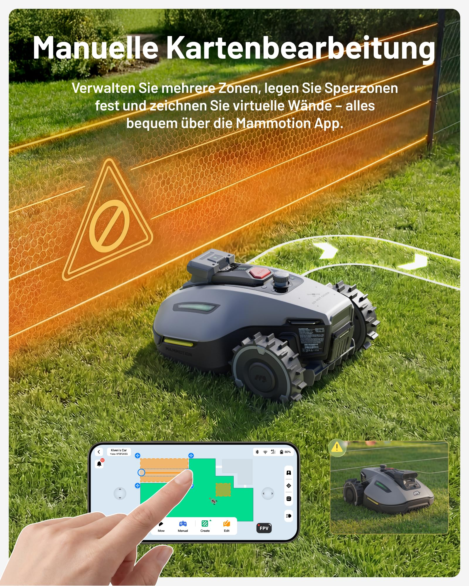 Un robot tondeuse sur pelouse avec contrôle par application et clôture virtuelle.