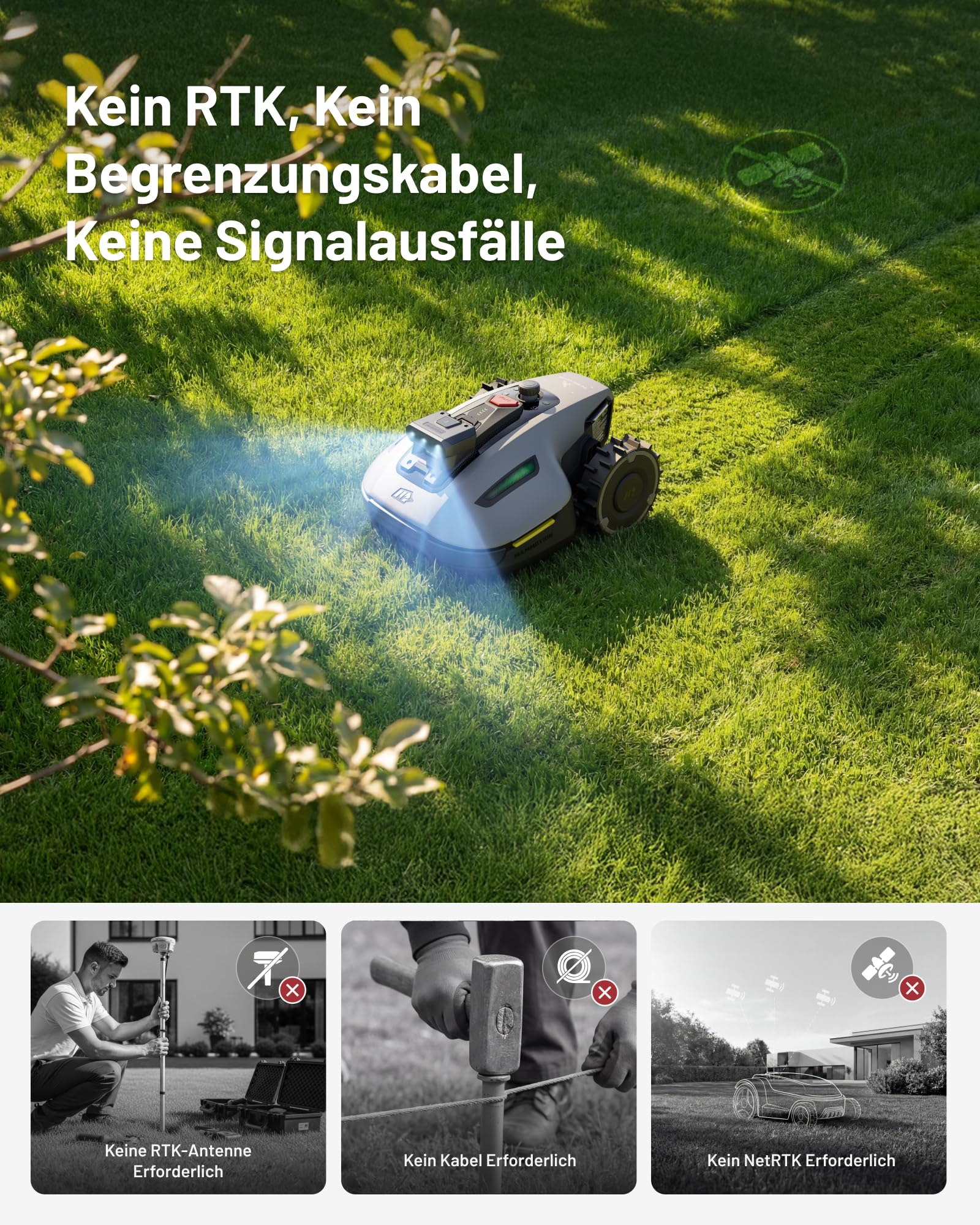 Un robot tondeuse tond une pelouse verte, avec trois encarts illustrant l'absence de fil ou de RTK.
