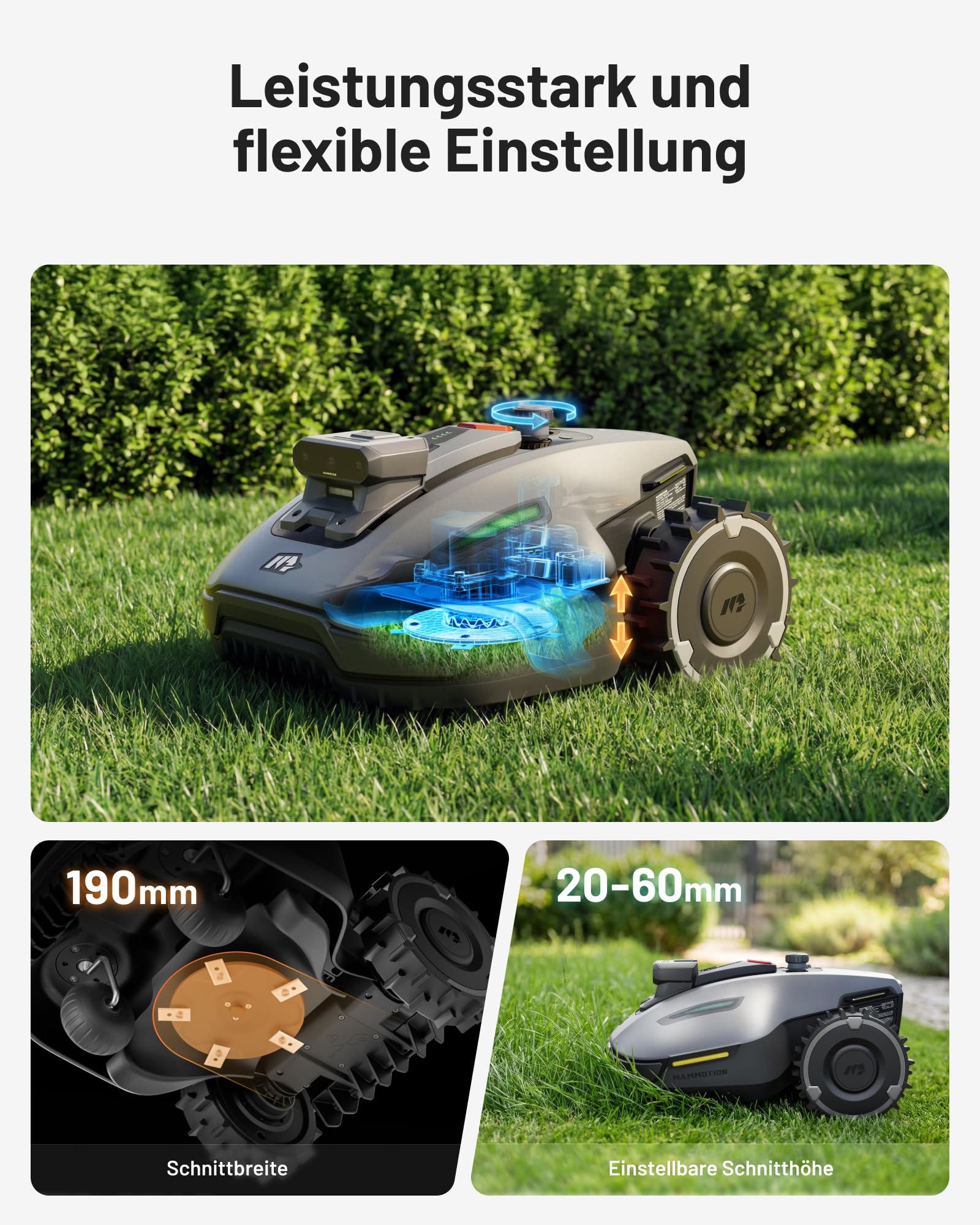 Robot tondeuse sur pelouse avec vue interne bleue et détails sur la largeur et la hauteur de coupe.