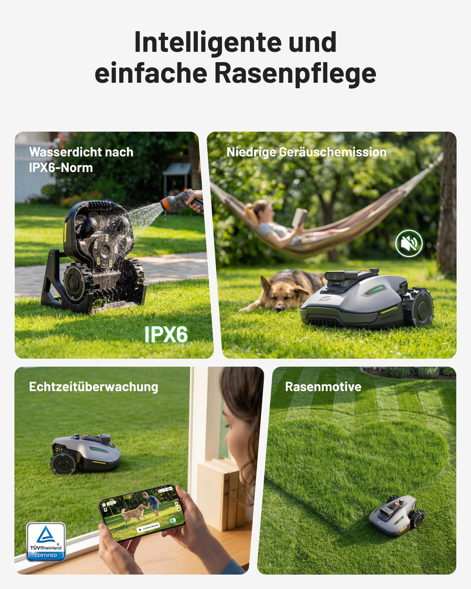 Caractéristiques du robot tondeuse : étanche IPX6, fonctionnement silencieux, surveillance en temps réel et motifs de gazon.