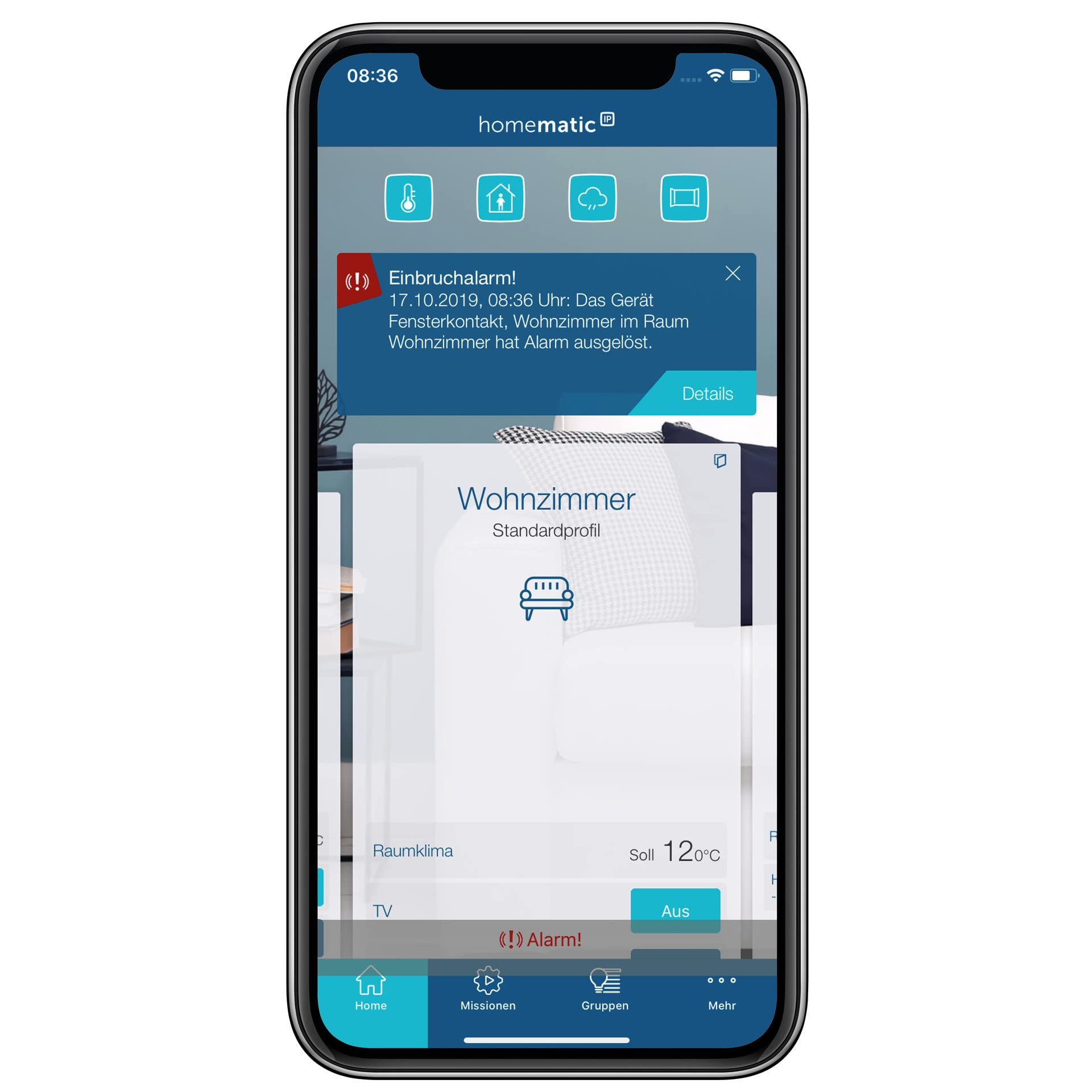 Smartphone zeigt die Homematic IP App mit einer Einbruchalarm-Benachrichtigung für das Wohnzimmer.