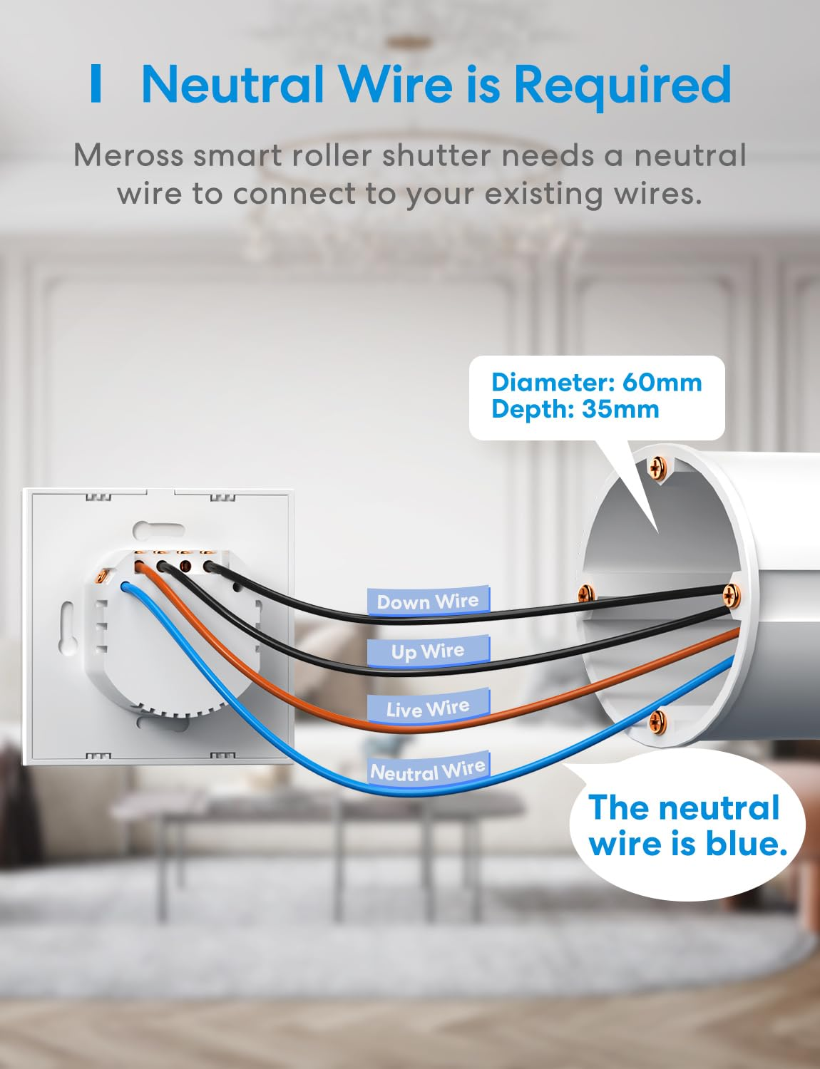Diagramm zeigt die Verdrahtung eines intelligenten Rollladenschalters mit neutralem Draht.