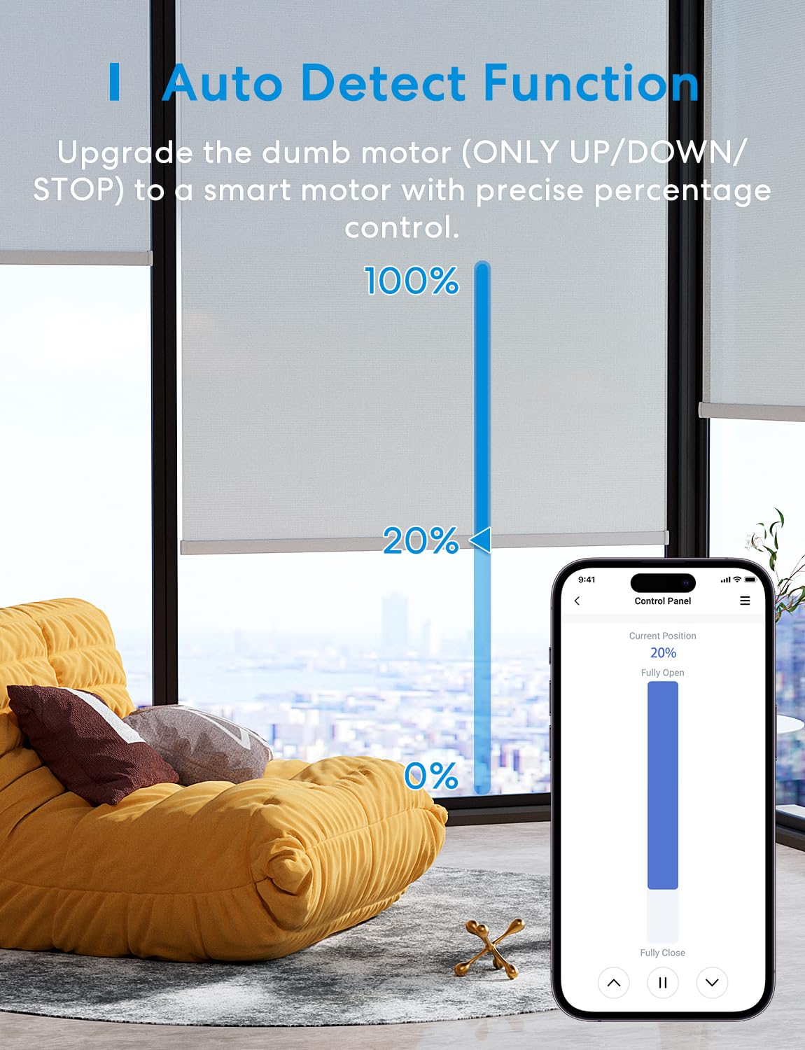 Smartphone zeigt Prozentregelung für smarte Rollos an, vor einem Fenster mit Stadtblick.