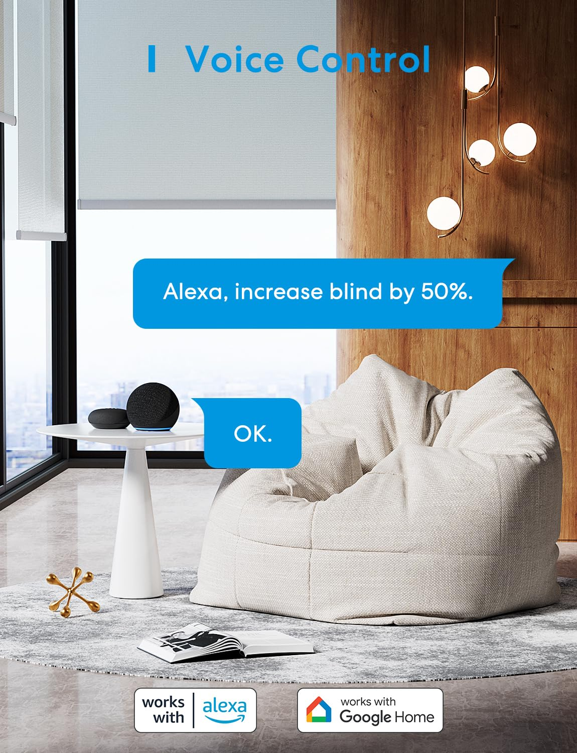 Wohnzimmer mit intelligenten Lautsprechern, Sprachsteuerung für Jalousien, Sitzsack, Holzwand und modernen Hängeleuchten.