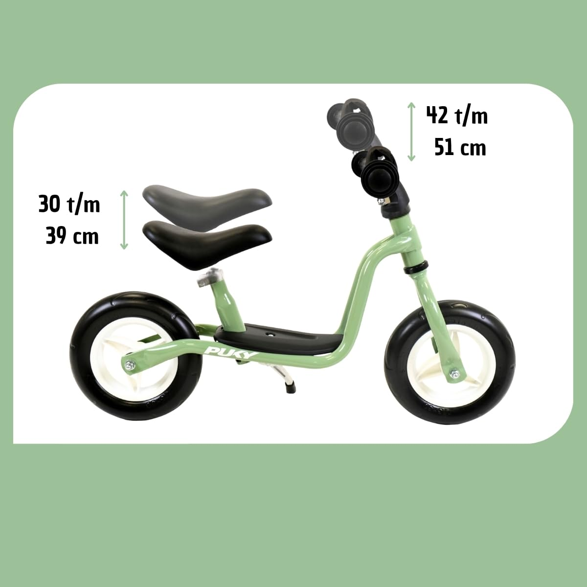Bici senza pedali verde Puky con misure di altezza.