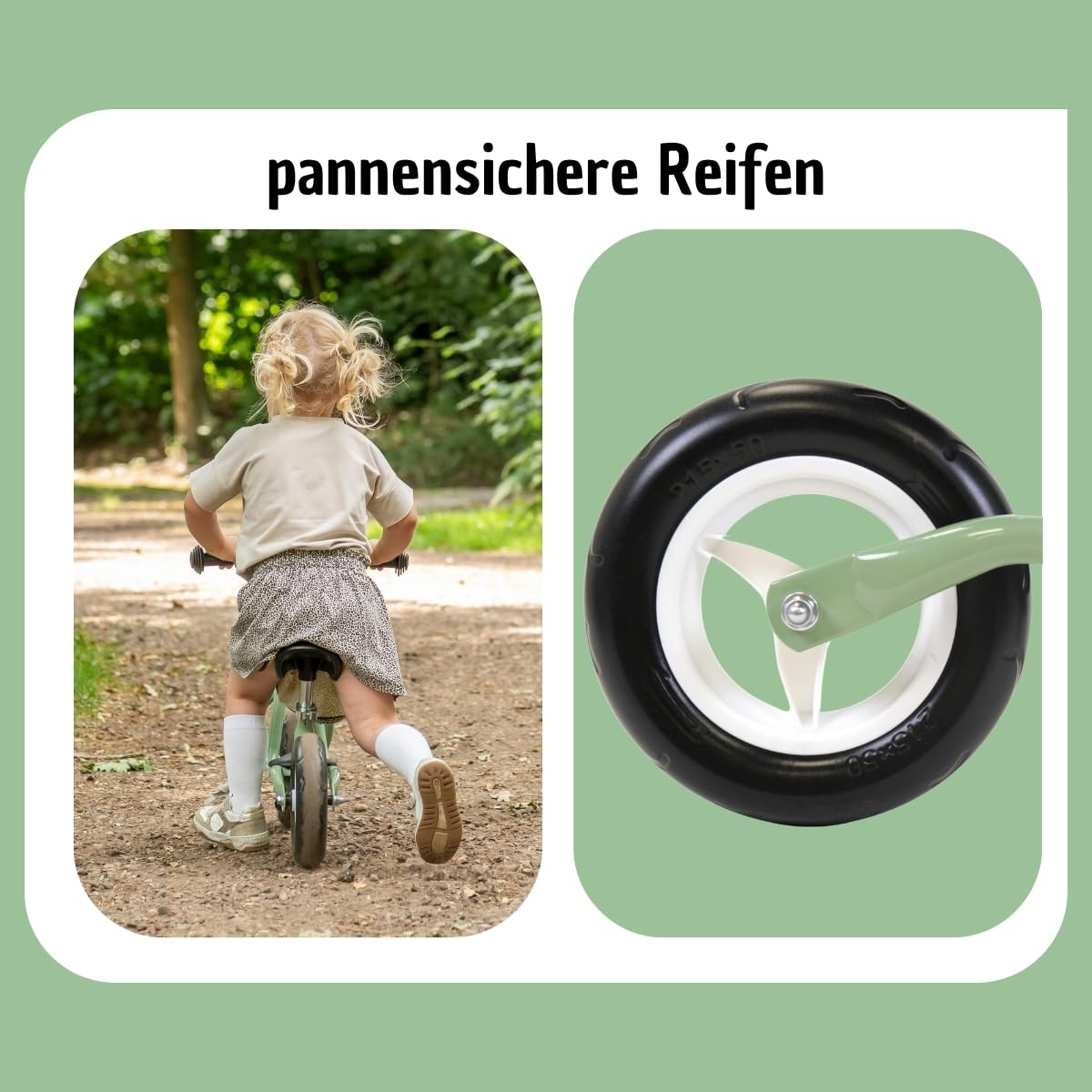 Bambino in bici senza pedali su un sentiero nel bosco, accanto a uno pneumatico antiforatura.