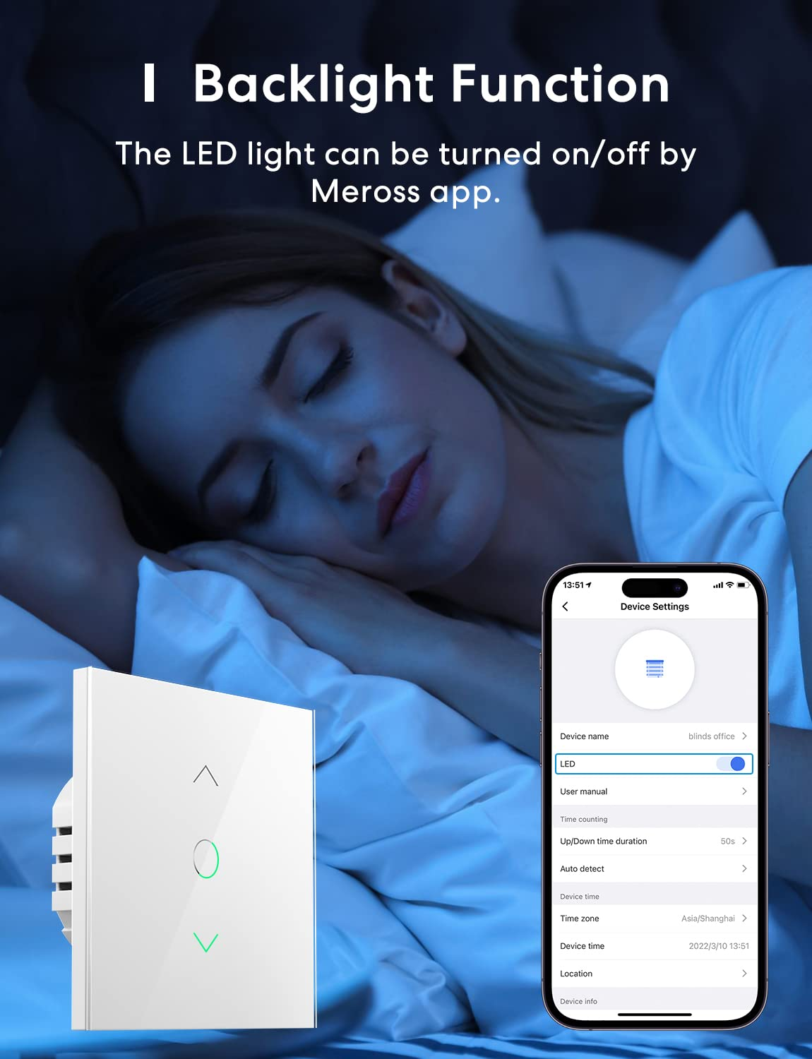 Eine schlafende Frau im Bett mit einem Smart Switch und einer Smartphone-App für die Hintergrundbeleuchtung.