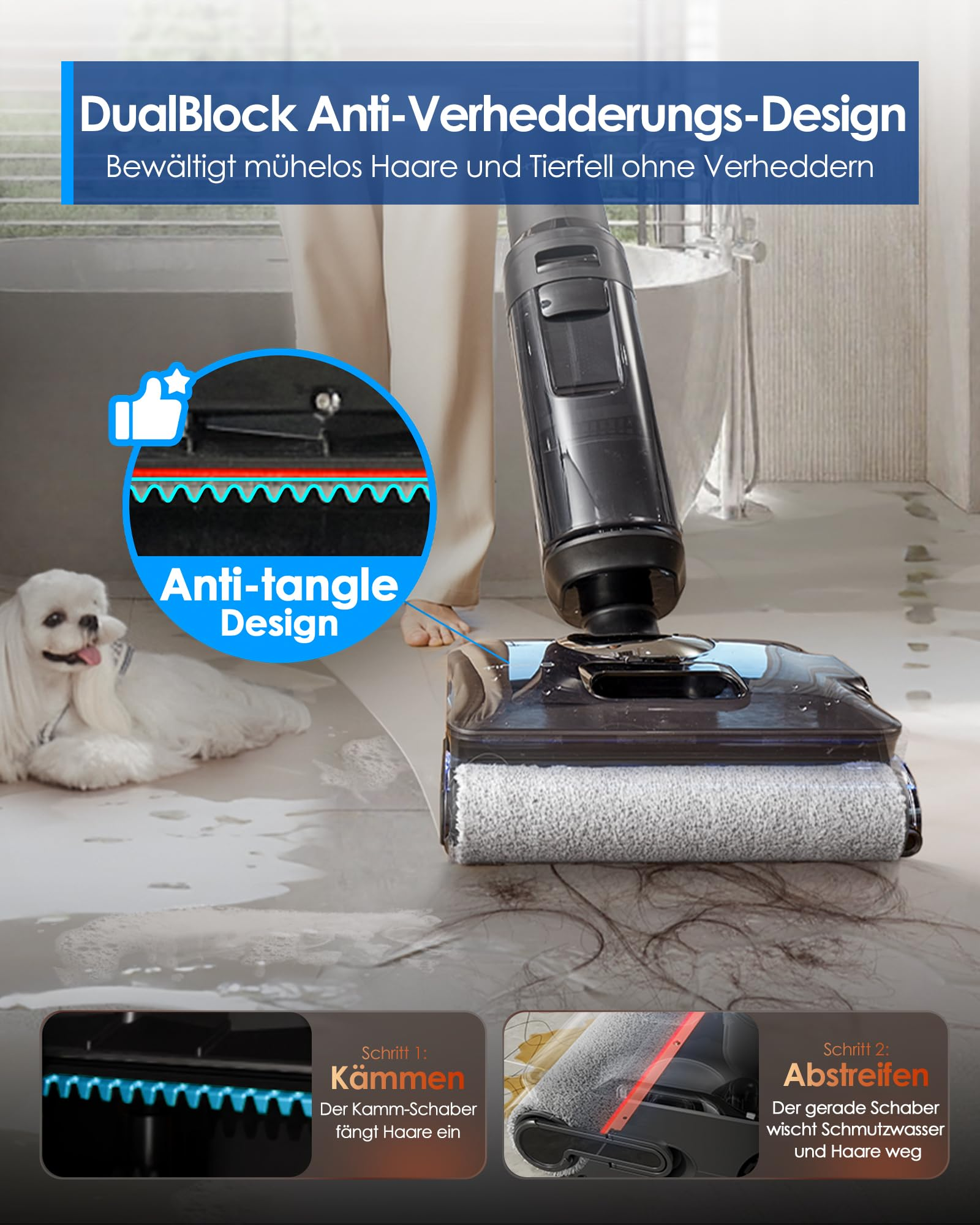 Un pulitore per pavimenti anti-aggrovigliamento rimuove i peli di animali con un cane vicino.