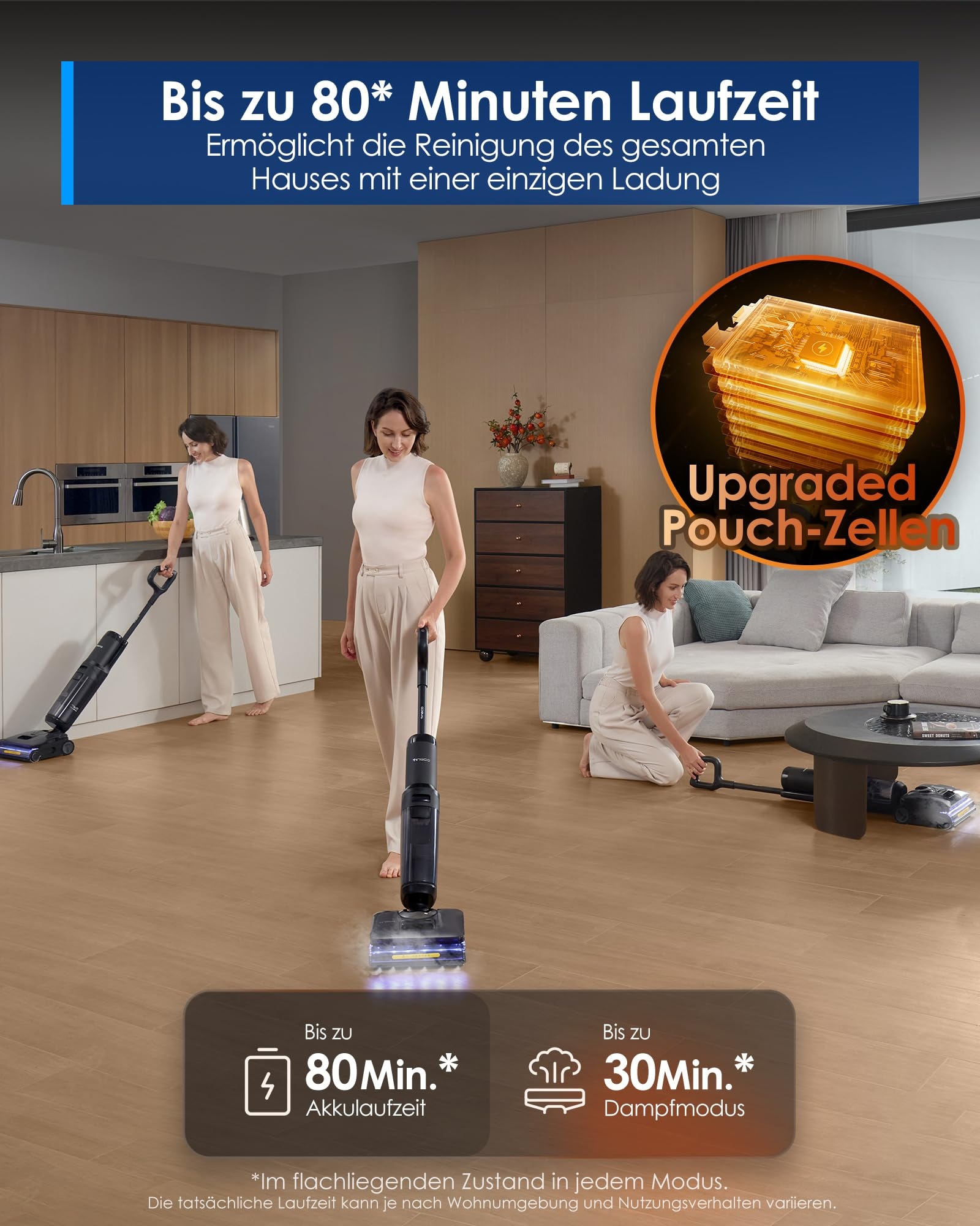 Donna usa aspirapolvere senza fili in casa moderna, con testo sulla batteria.
