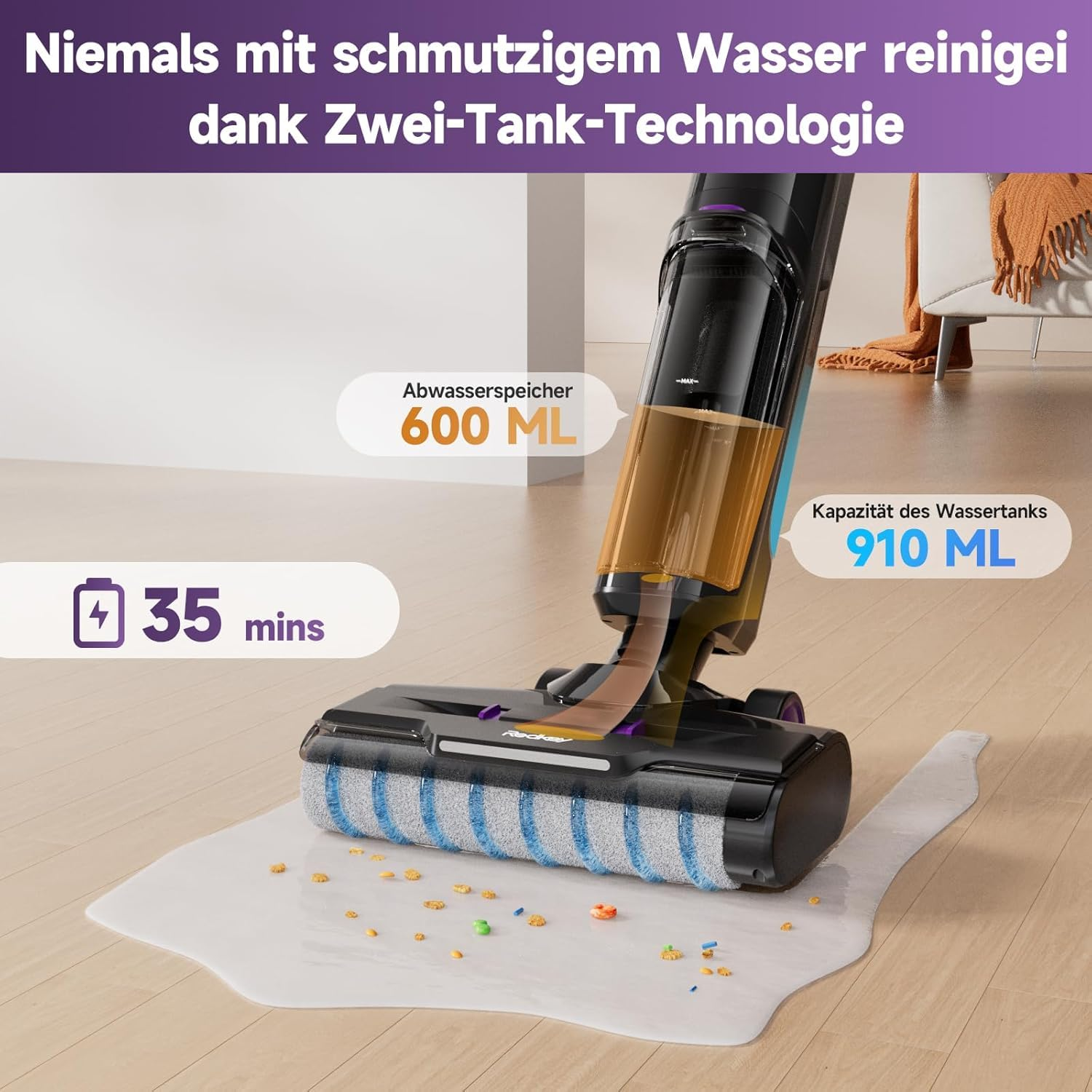 Un aspirapolvere senza fili pulisce liquido e cereali rovesciati su un pavimento.
