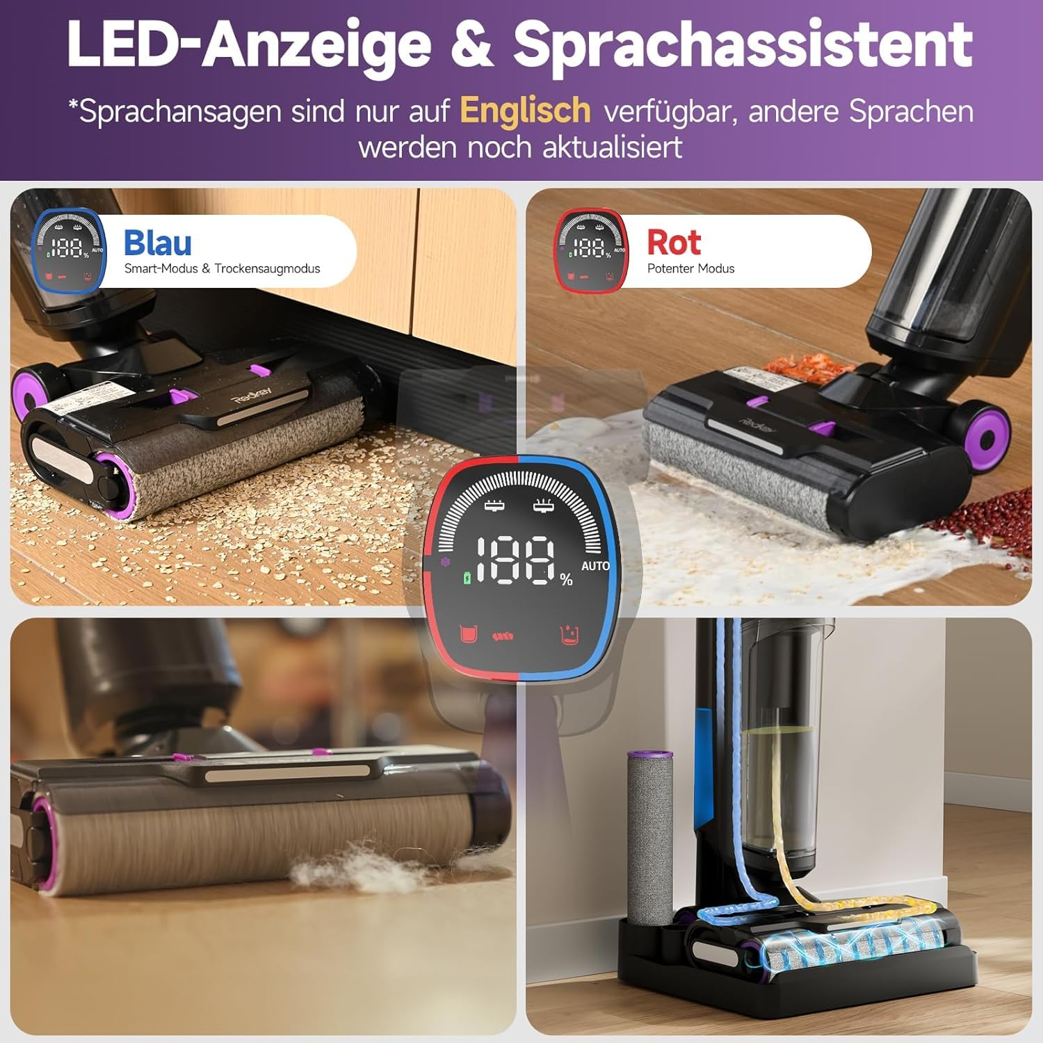 Display LED e assistente vocale per l'aspirapolvere umido e asciutto con modalità blu e rossa.