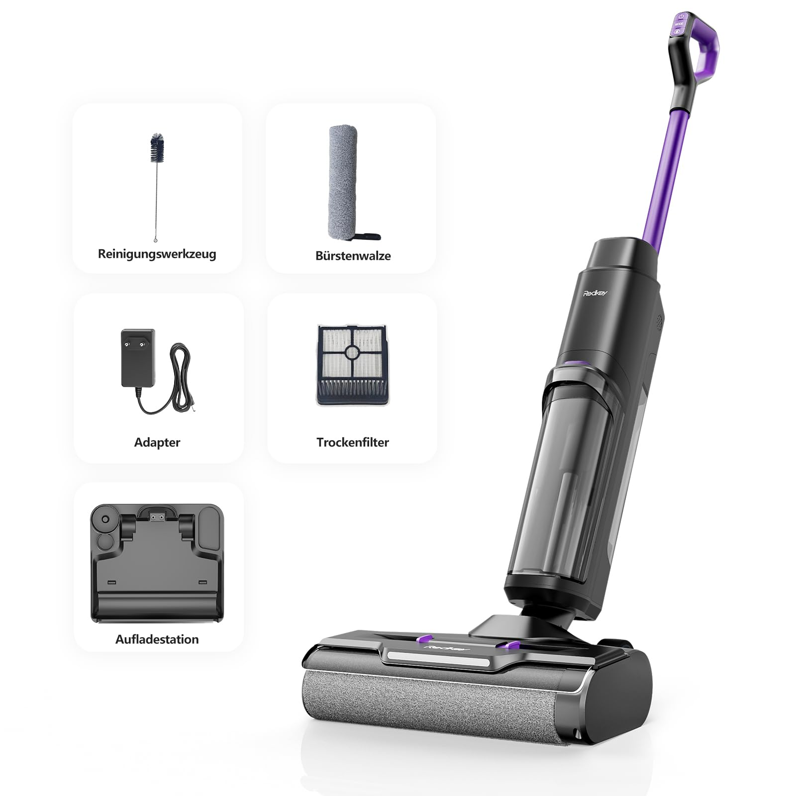 Aspirapolvere lavapavimenti senza fili nero e viola con accessori come rullo spazzola, filtro e base di ricarica.