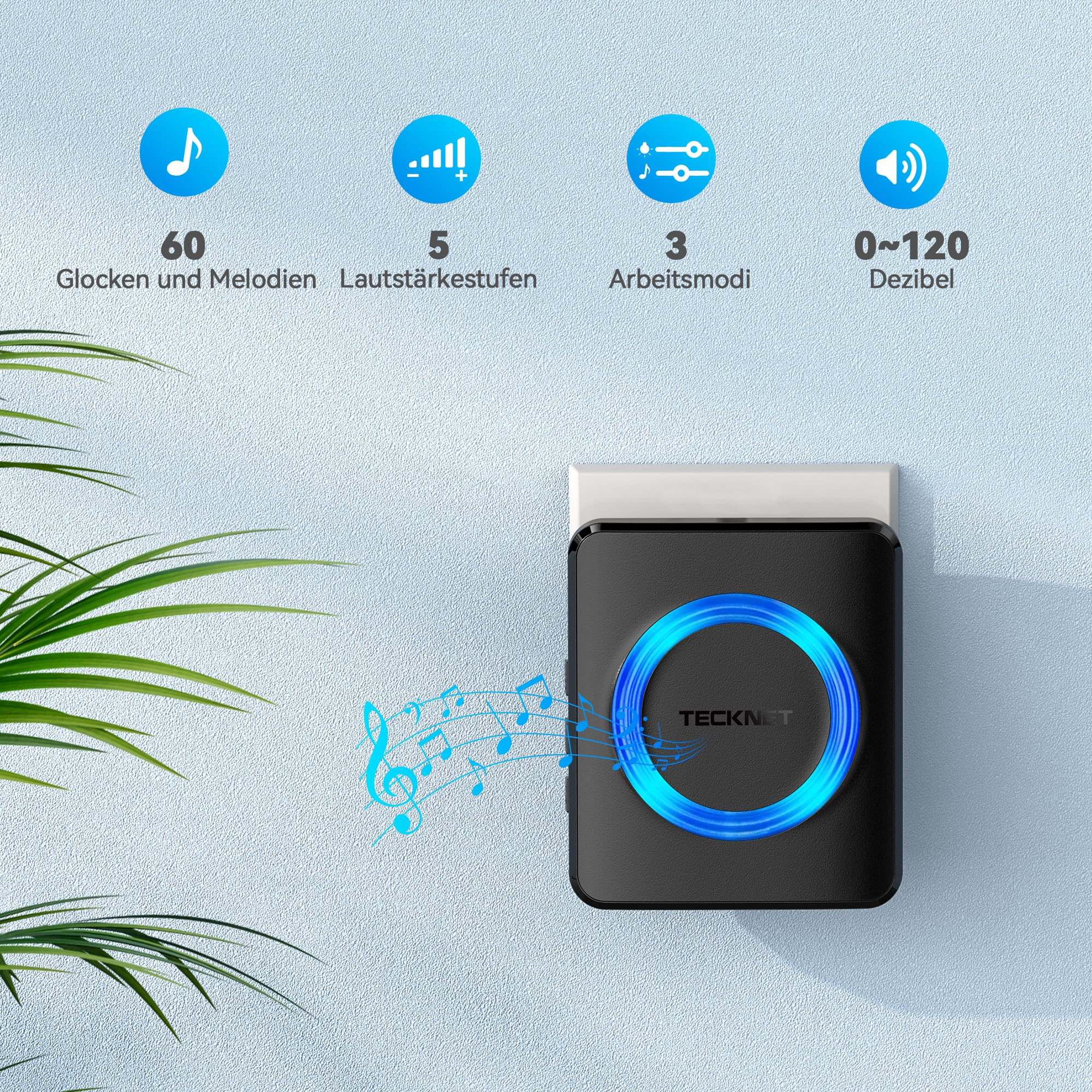 Eine schwarze TeckNet Klingel mit blauem LED-Ring spielt Noten vor hellblauer Wand mit Icons.
