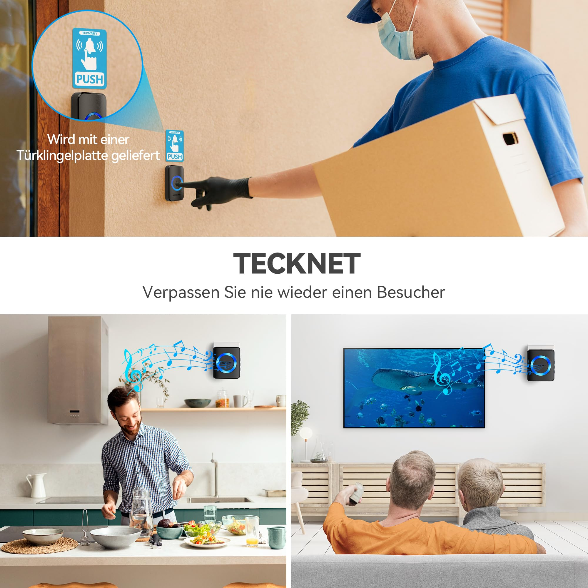 Tecknet Klingel: Ein Lieferant drückt den Klingelknopf, während Szenen aus Küche und Wohnzimmer gezeigt werden.