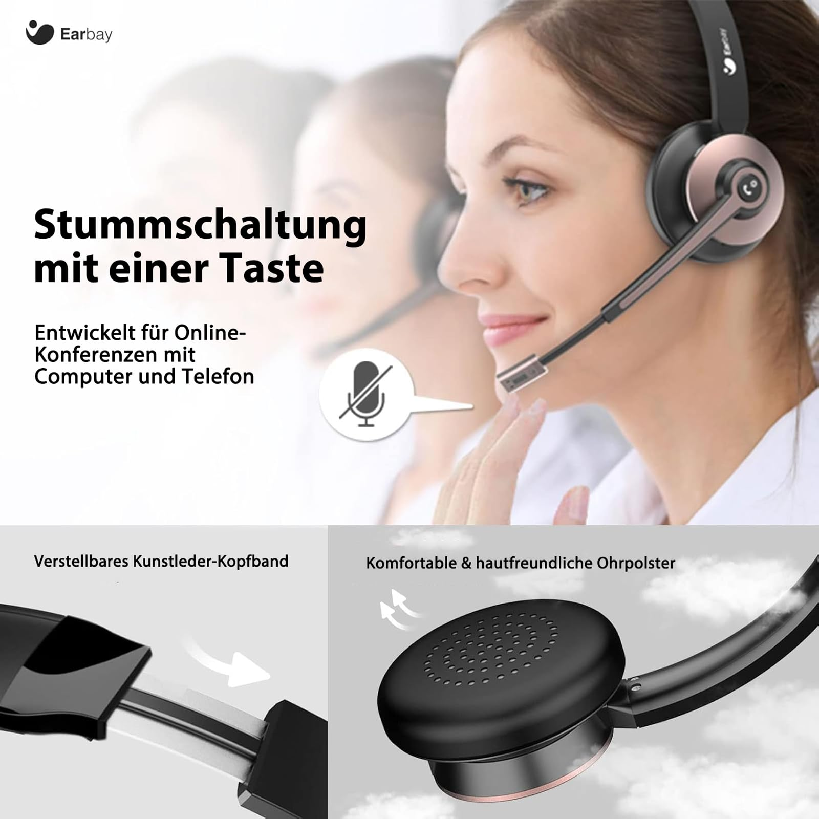 Frau trägt Earbay-Headset mit Ein-Tasten-Stummschaltung, verstellbarem Kopfband und Ohrpolstern.