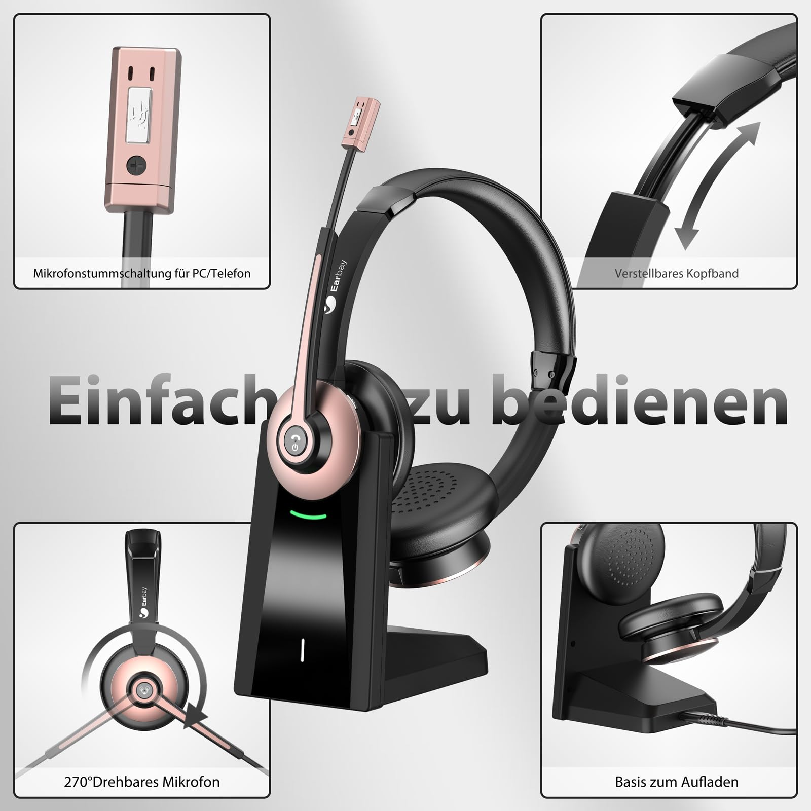 Schwarzes Wireless-Headset auf Ladestation mit Detailansichten von Mikrofon, Kopfband und Steuerung.