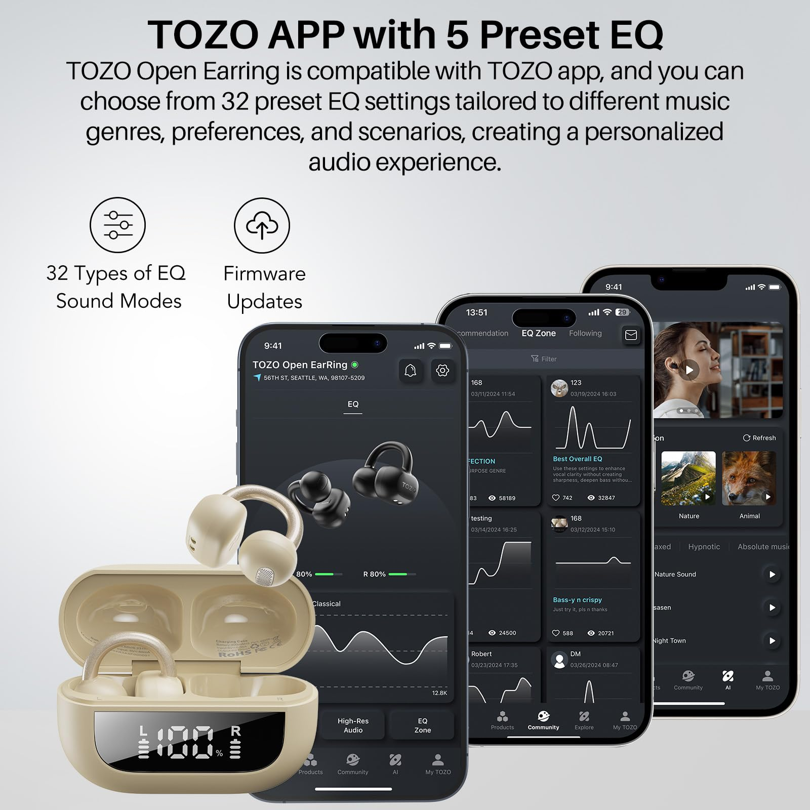 Beige Tozo Open Earring-Kopfhörer mit Ladecase und Tozo-App-Oberflächen auf Smartphones.