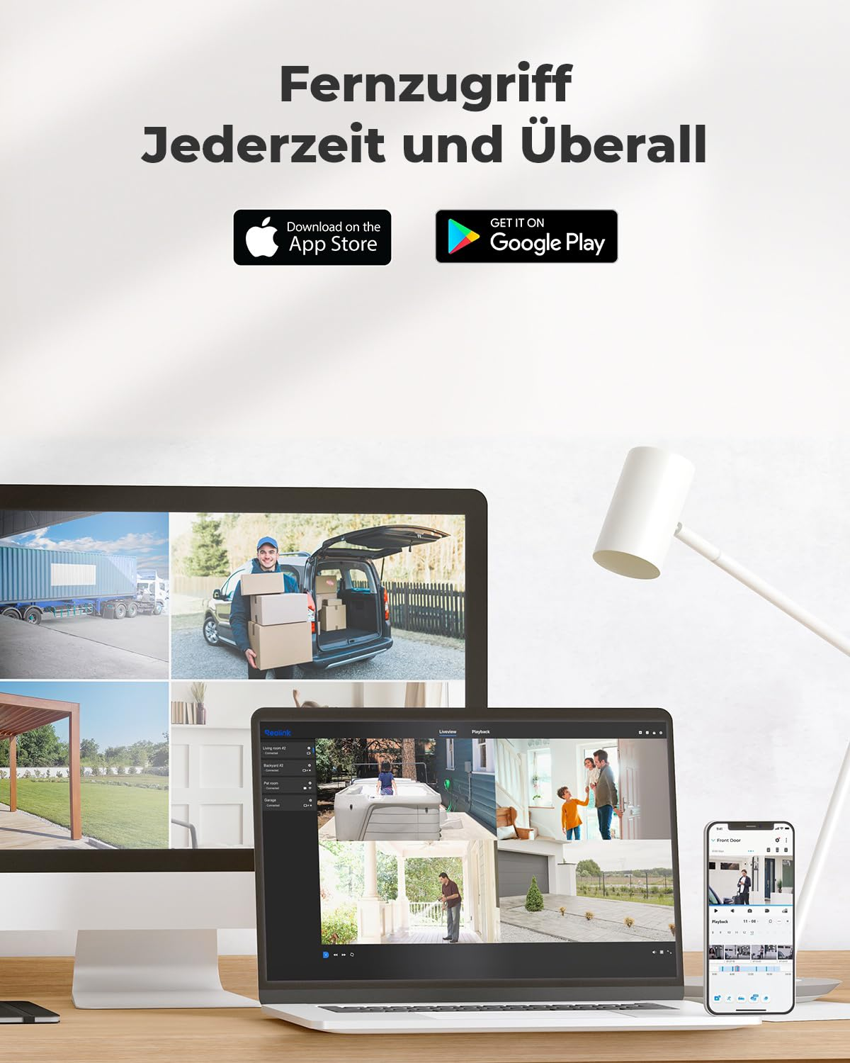 Un bureau avec moniteur, ordinateur portable et smartphone affichant des caméras de sécurité.