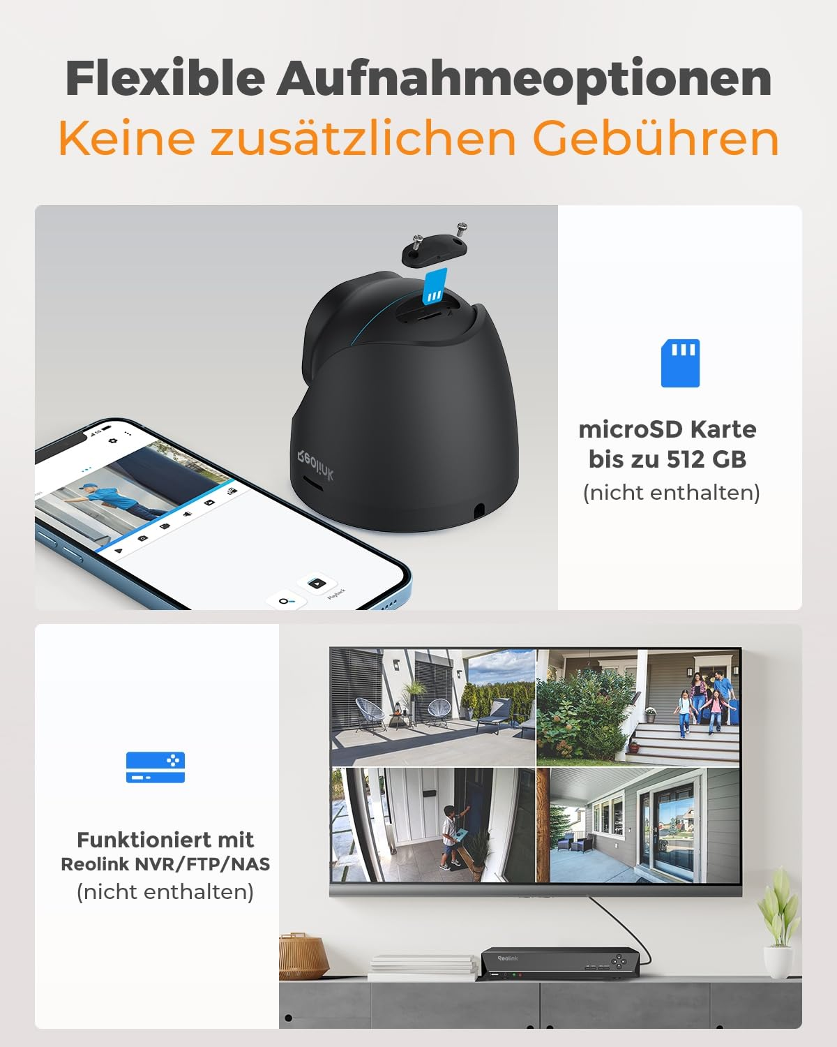 Caméra de sécurité avec fente microSD, contrôle smartphone et compatibilité NVR.