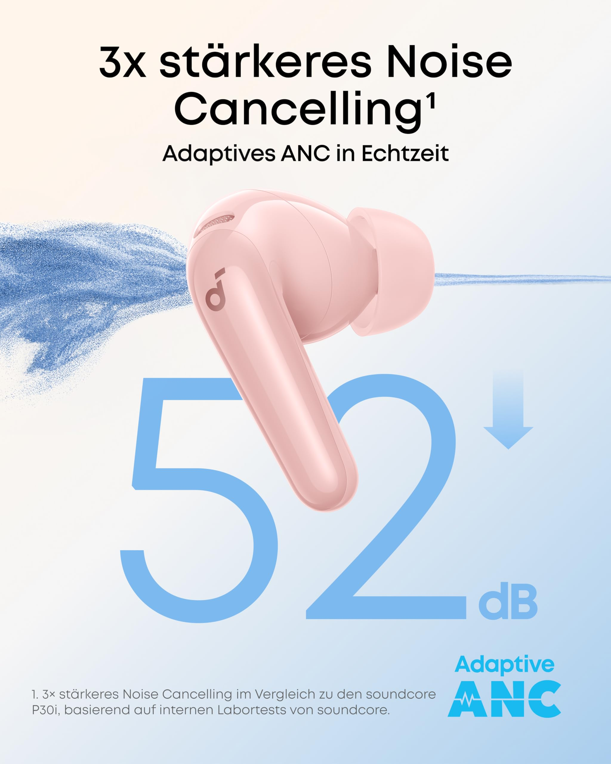 Écouteur intra-auriculaire rose sur fond bleu avec le texte 52 dB et des détails sur la réduction de bruit.