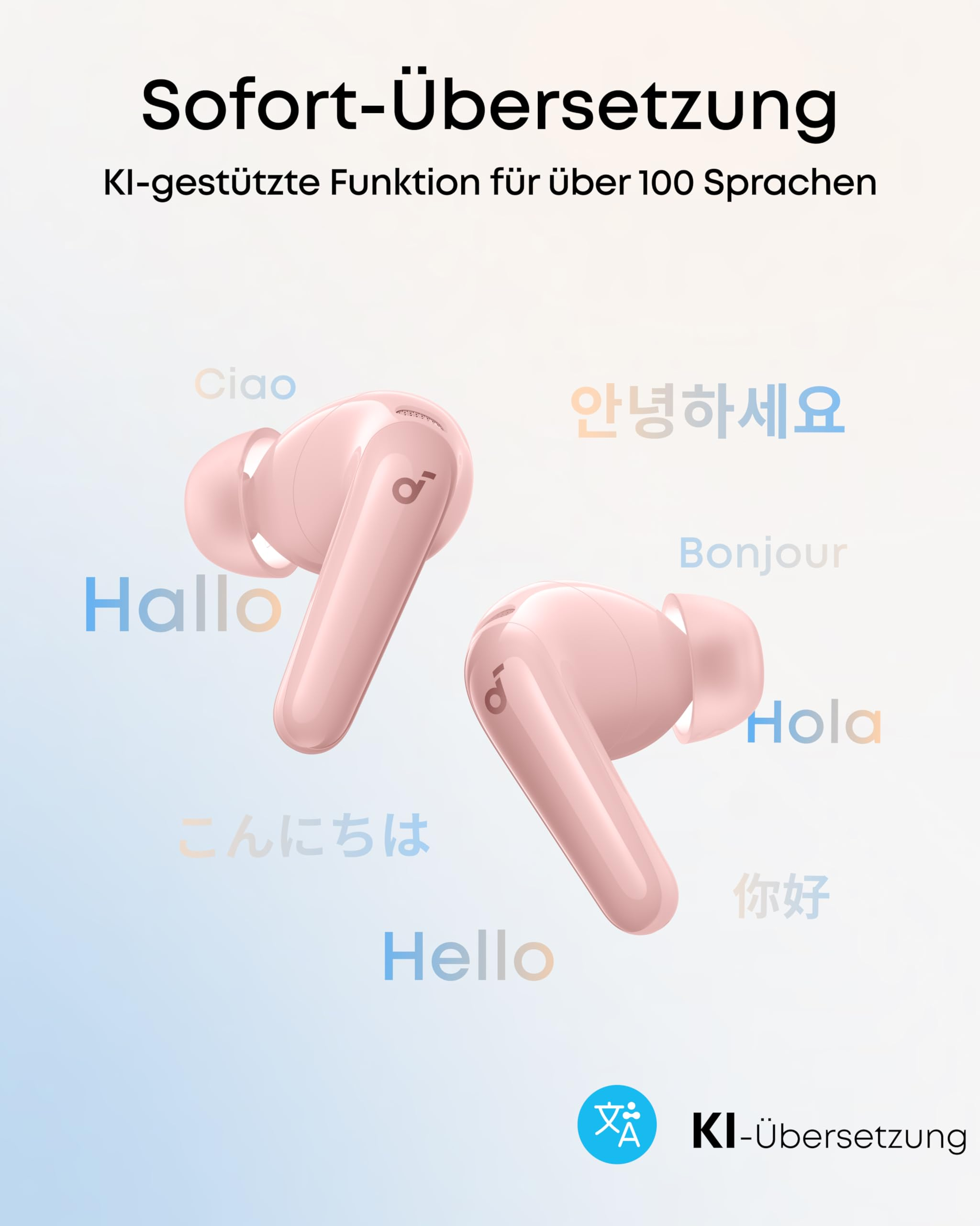 Écouteurs intra-auriculaires roses sur fond dégradé avec divers salutations en différentes langues.