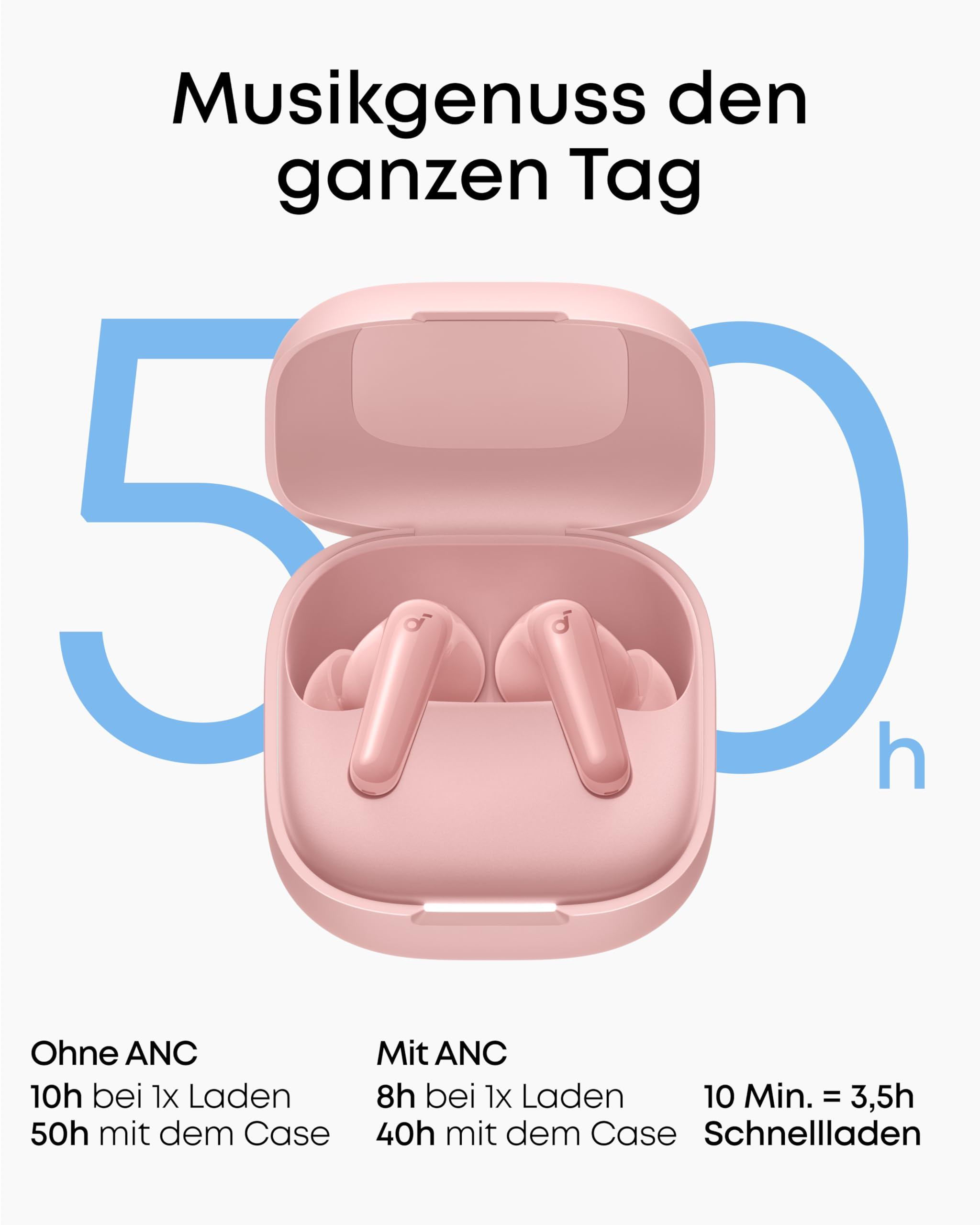 Écouteurs sans fil roses dans un étui de charge ouvert avec du texte en allemand.
