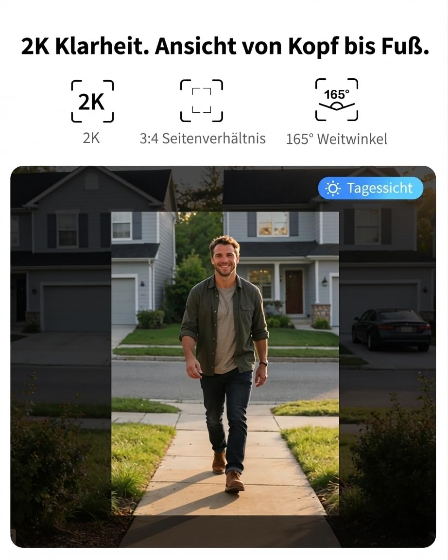 Ein Mann geht auf einem Gehweg vor einem Haus, dargestellt mit Kamerafunktionen.