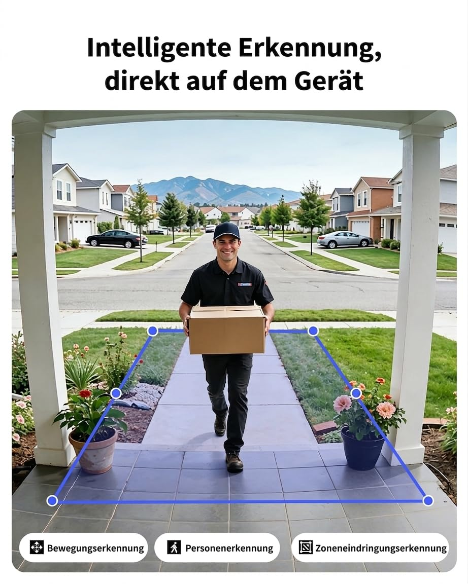 Ein Zusteller bringt ein Paket zu einem Haus in einer Vorstadt, überwacht von einer KI-Sicherheitskamera.