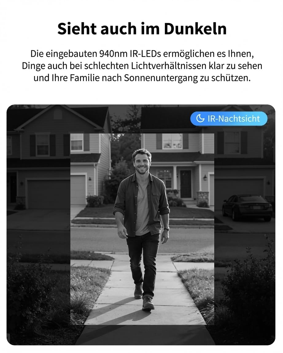 Ein Mann geht nachts in einer Vorstadtsiedlung spazieren, aufgenommen in Schwarz-Weiß mit IR-Nachtsicht.