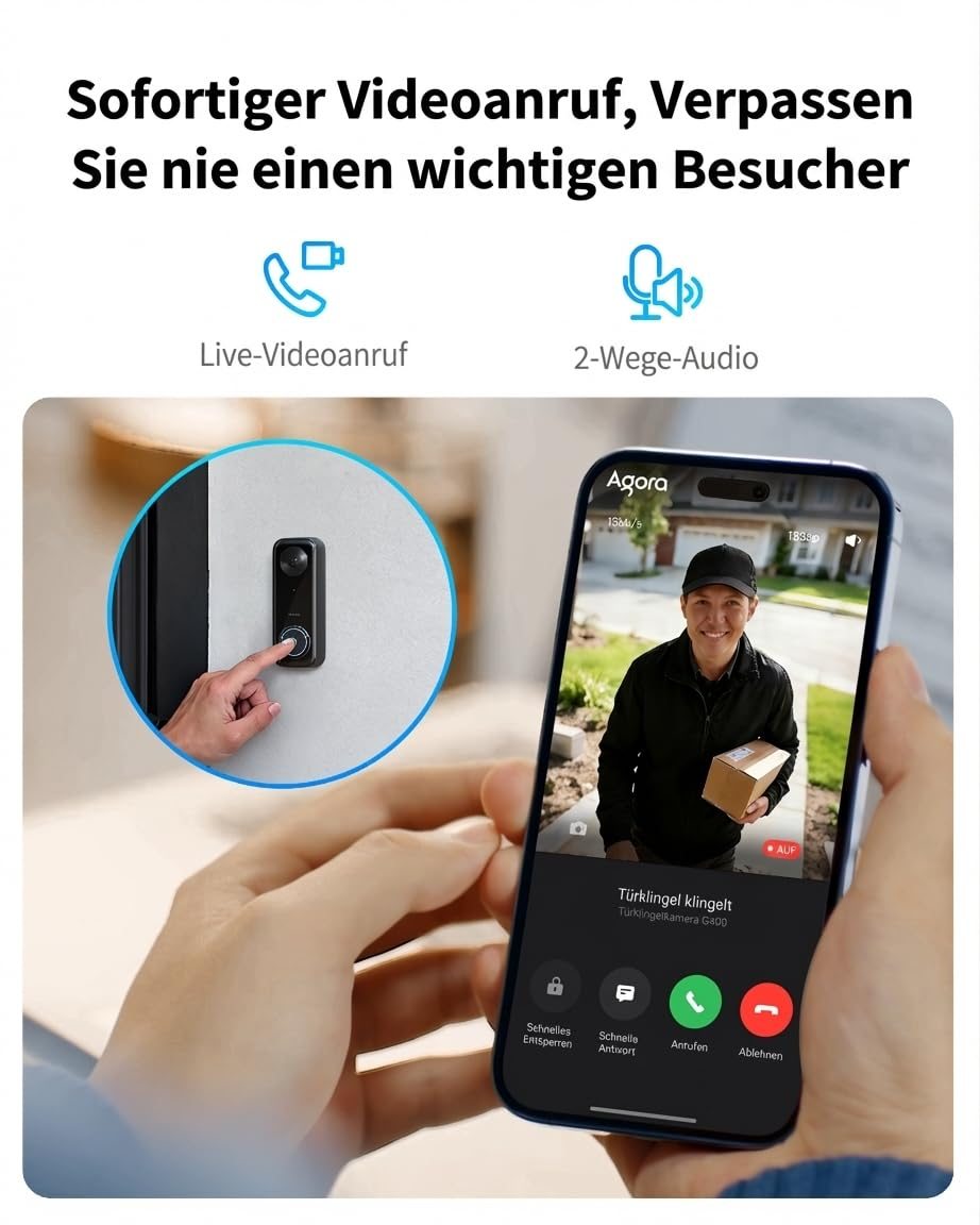 Smartphone zeigt Videoanruf einer Türklingel mit einem Paketboten und Live-Ansicht.
